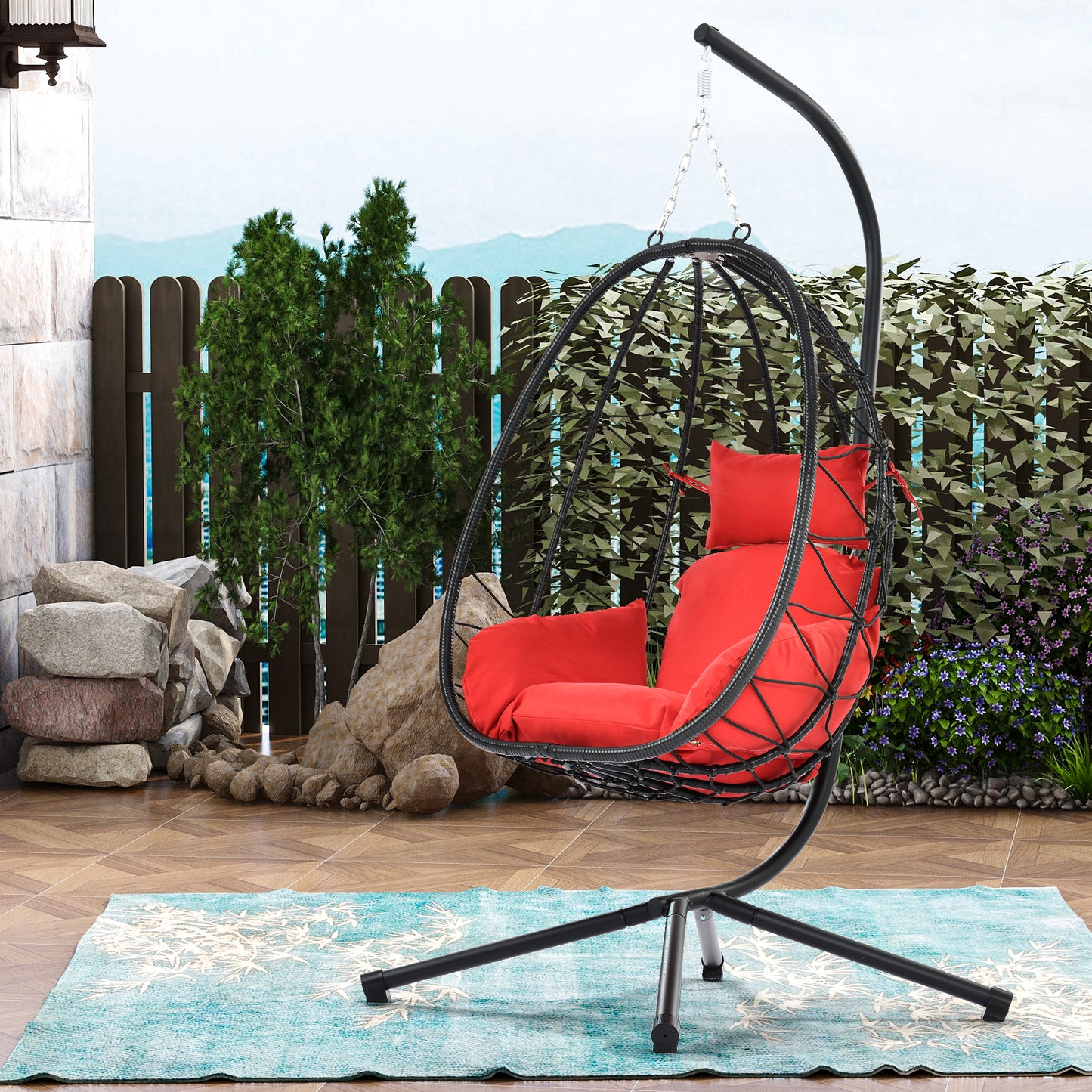 SYNGAR Egg Chair with Stand, Wicker Swing Chair, Patio Hammock Chair with Soft Cushion, Indoor Outdoor Balcony Bedroom Basket Hanging Lounge Chair, Heavy Duty Frame for 300 lbs Capacity, Red, Y024