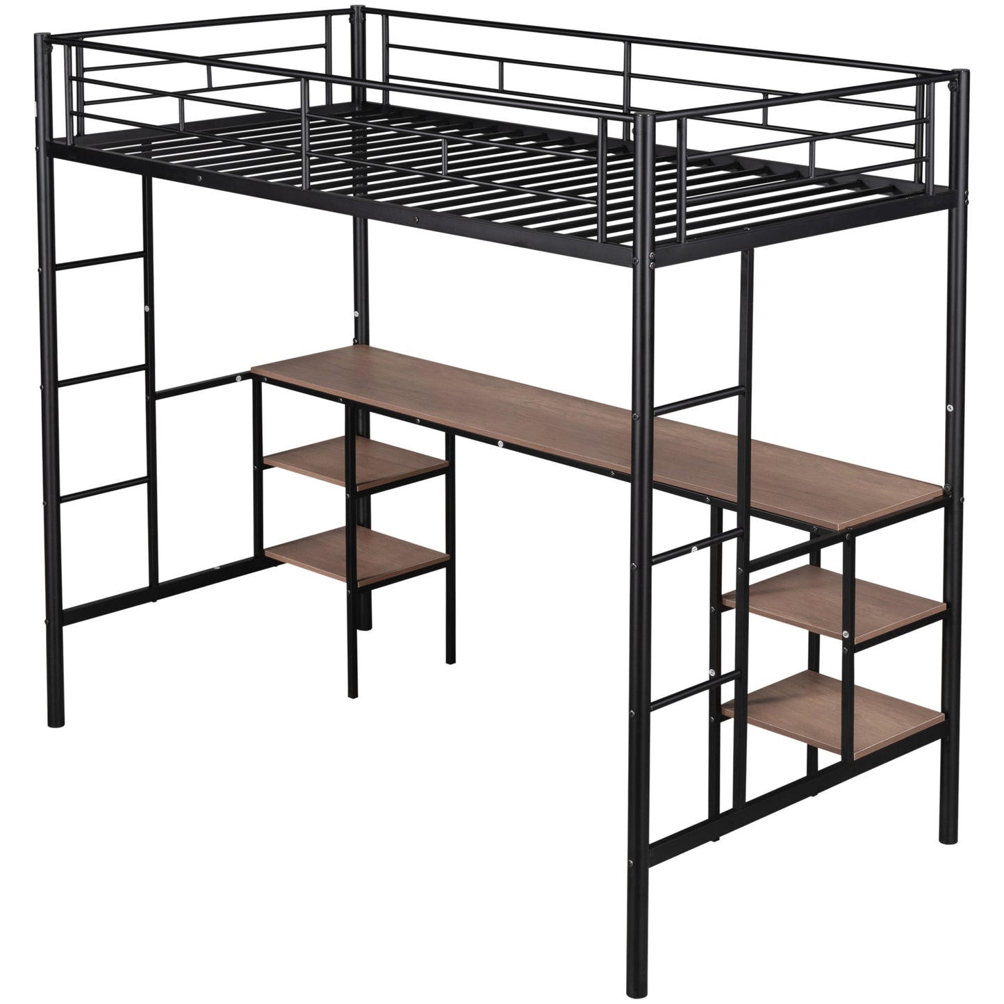 SYNGAR Metal Twin Loft Bed with Desk and Storage Shelves, Space-Saving Bed Frame with Bilateral Ladders and Safety Guard Rails for Kids Teens Adults, No Box Spring Needed