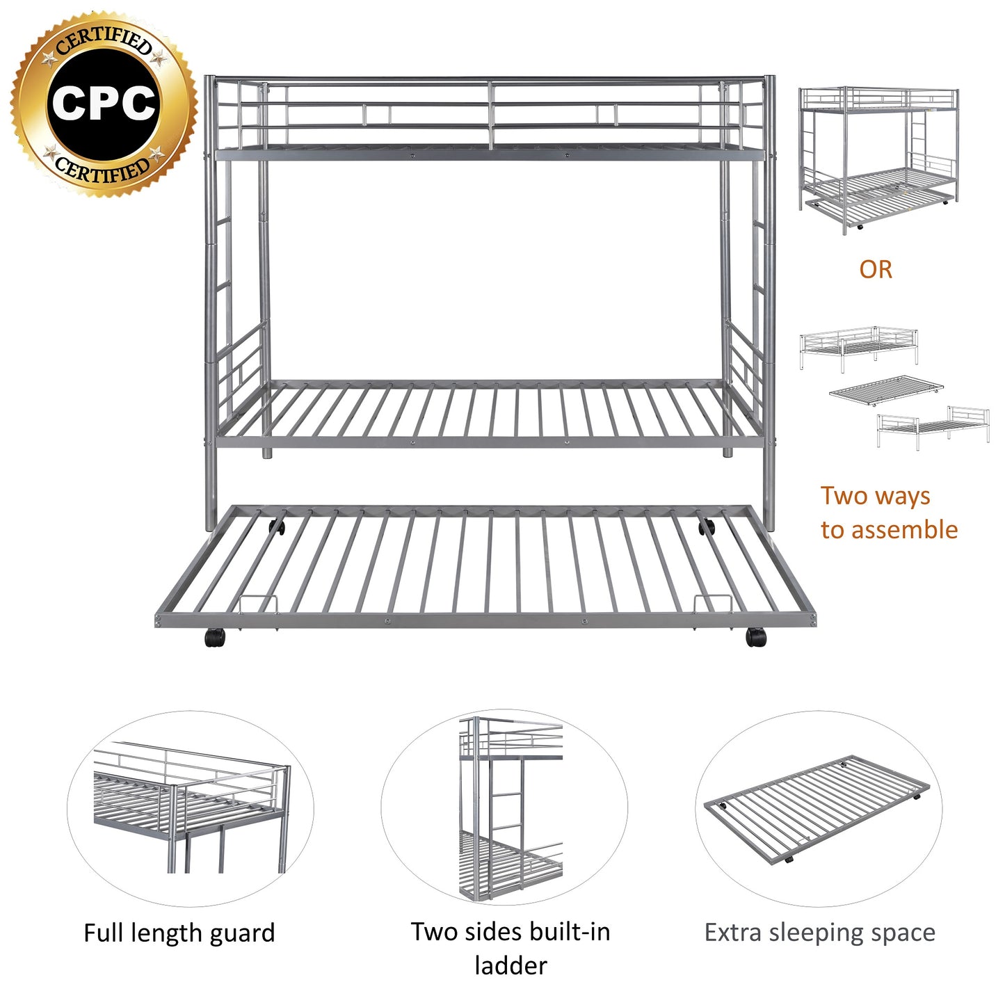 Twin over Twin Bunk Bed Frame with Trundle, SYNGAR Upgraded Bunk Beds with Ladder & Guardrail, Heavy Duty Kids Bedroom Furniture Bunk Bed for Boys and Girls, Space Saver Guest Room Bunk, Silver, C24