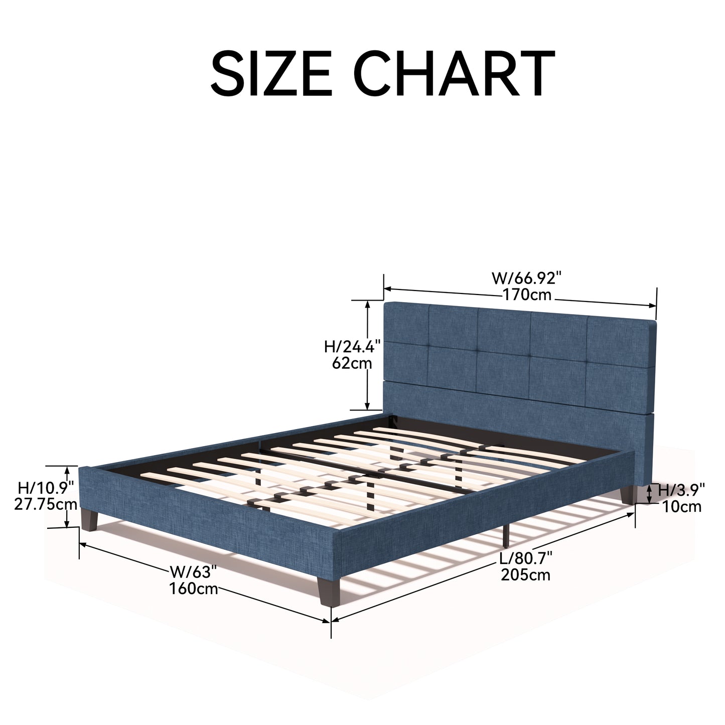 Dark Blue Upholstered Fabric Platform Bed Frame Queen Size with Tufted Square Stitched Headboard, Metal Frame Mattress Foundation with Strong Wooden Slat Support, 800LBS Weight Capacity
