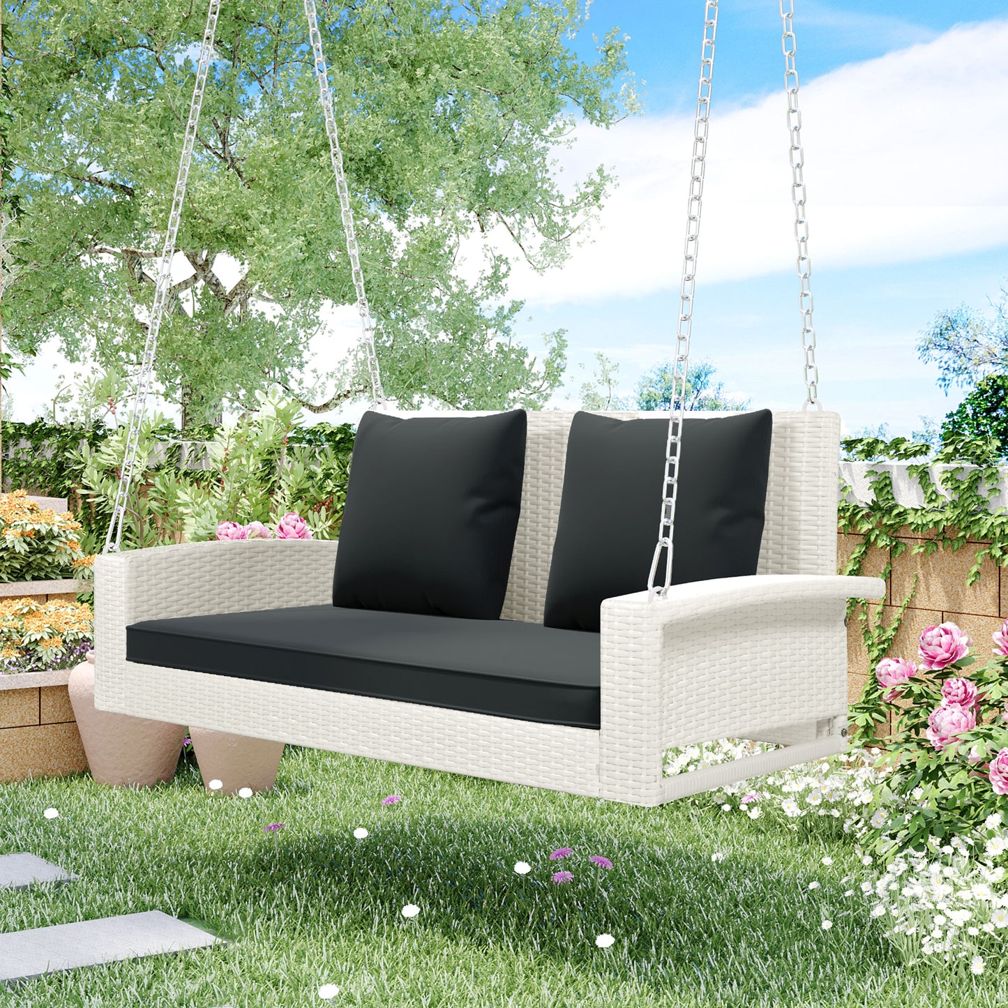 SYNGAR 2-Seat Hanging Porch Swing, Outdoor All Weather Rattan Swing Bench with Chains, Heavy Duty Hammock Bench Chair with Beige Cushions, Ideal for Backyard, Balcony, Deck, C30