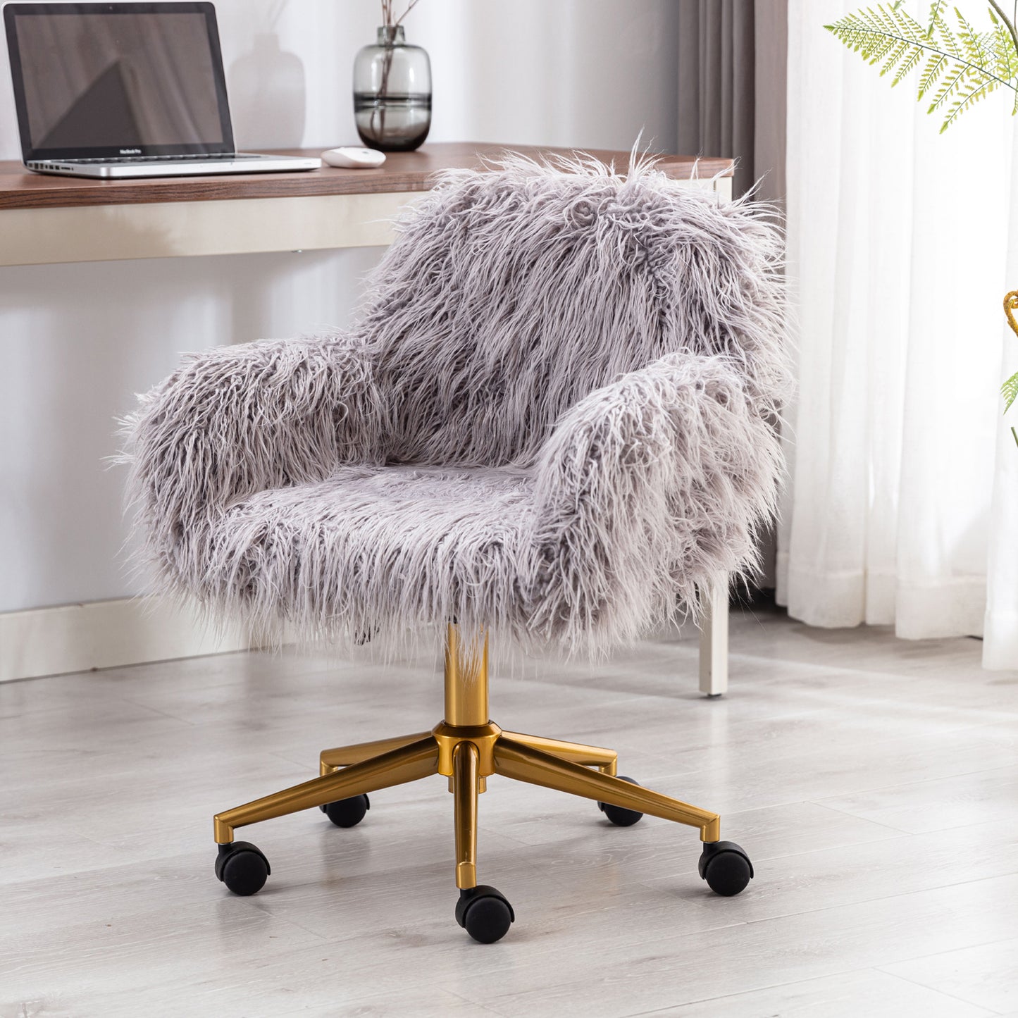 Faux Fur Desk Chair, Cute Fluffy Upholstered Padded Seat, Vanity Accent Modern Height Adjustable Swivel Arm Decorative Furniture for Living Room, Makeup, Home Office, Teen Girls Bedroom, White