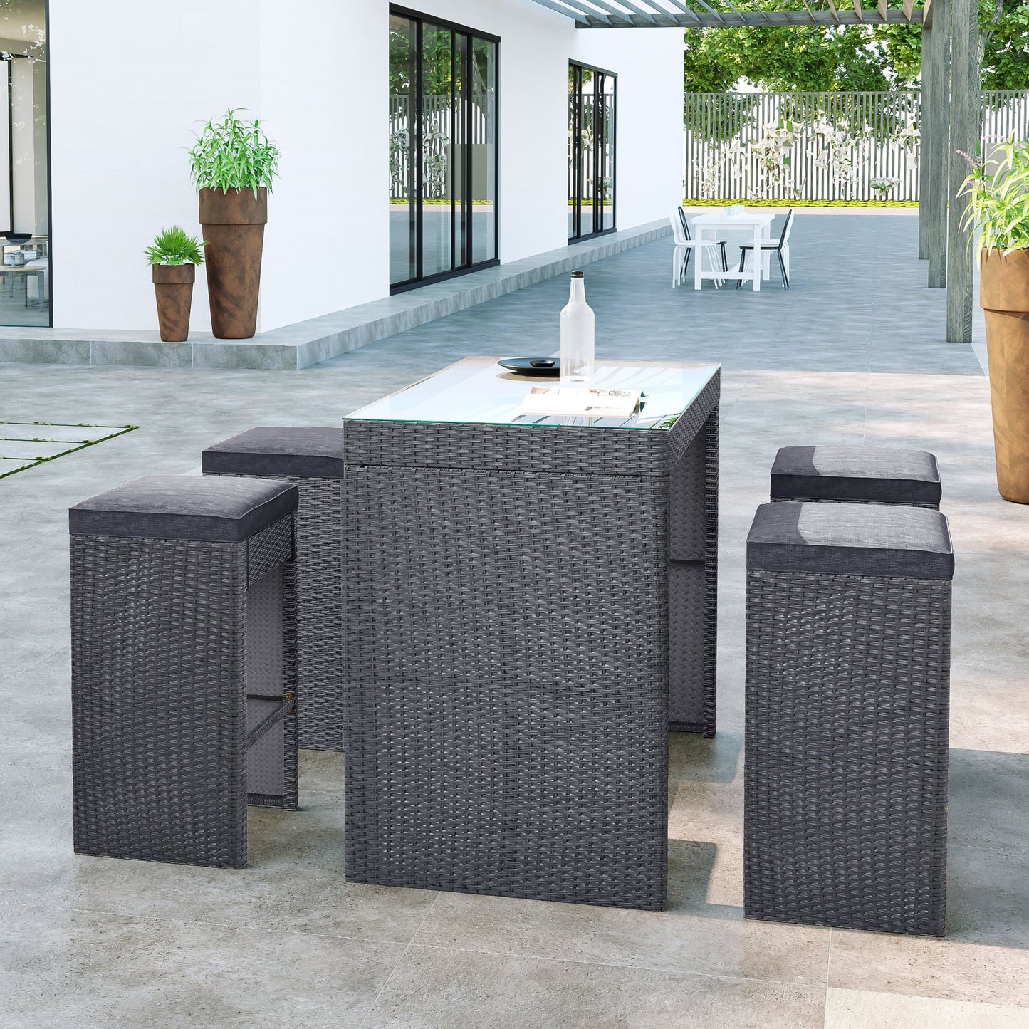 SYNGAR 5 Piece Outdoor Wicker Bar Table Set, Patio All Weather PE Rattan Dining Table Set with 4 Cushioned Stools, Bar Height Pub Table of Storage & Stools Set for 4, for Yard, Balcony, Garden, Y017