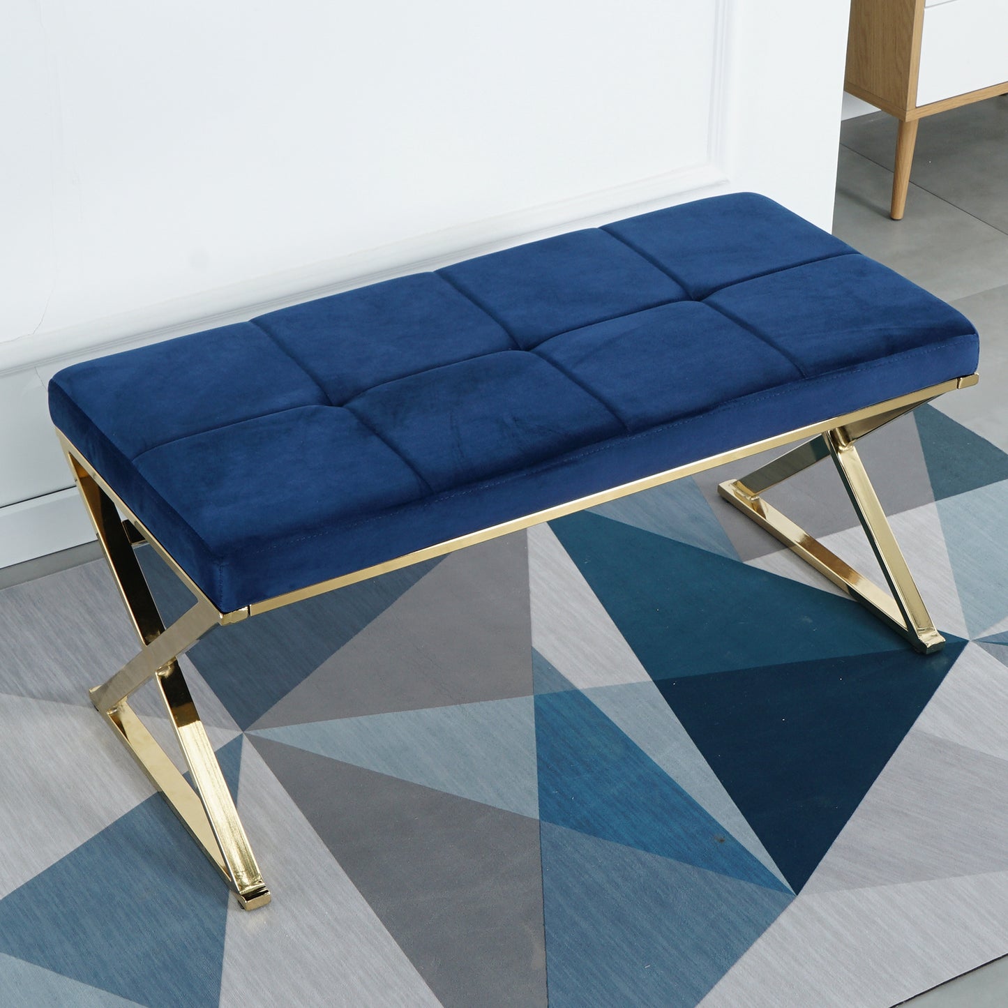SYNGAR Upholstered Bedroom Bench, Modern Velvet Footstool Bench Seat for Living Room, Hallway, Entryway, Ottoman Bench with Gold Metal Legs, Blue