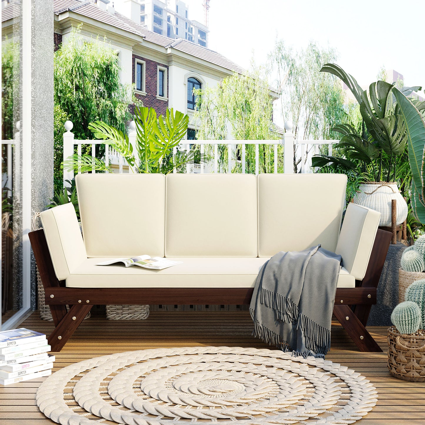 Patio Convertible Daybed, Wooden Couch Sofa Daybed with Adjustable Armrests, Outdoor Daybed with Beige Cushions, Backyard Chaise Lounge Bench for Balcony, Porch, Poolside, Y026