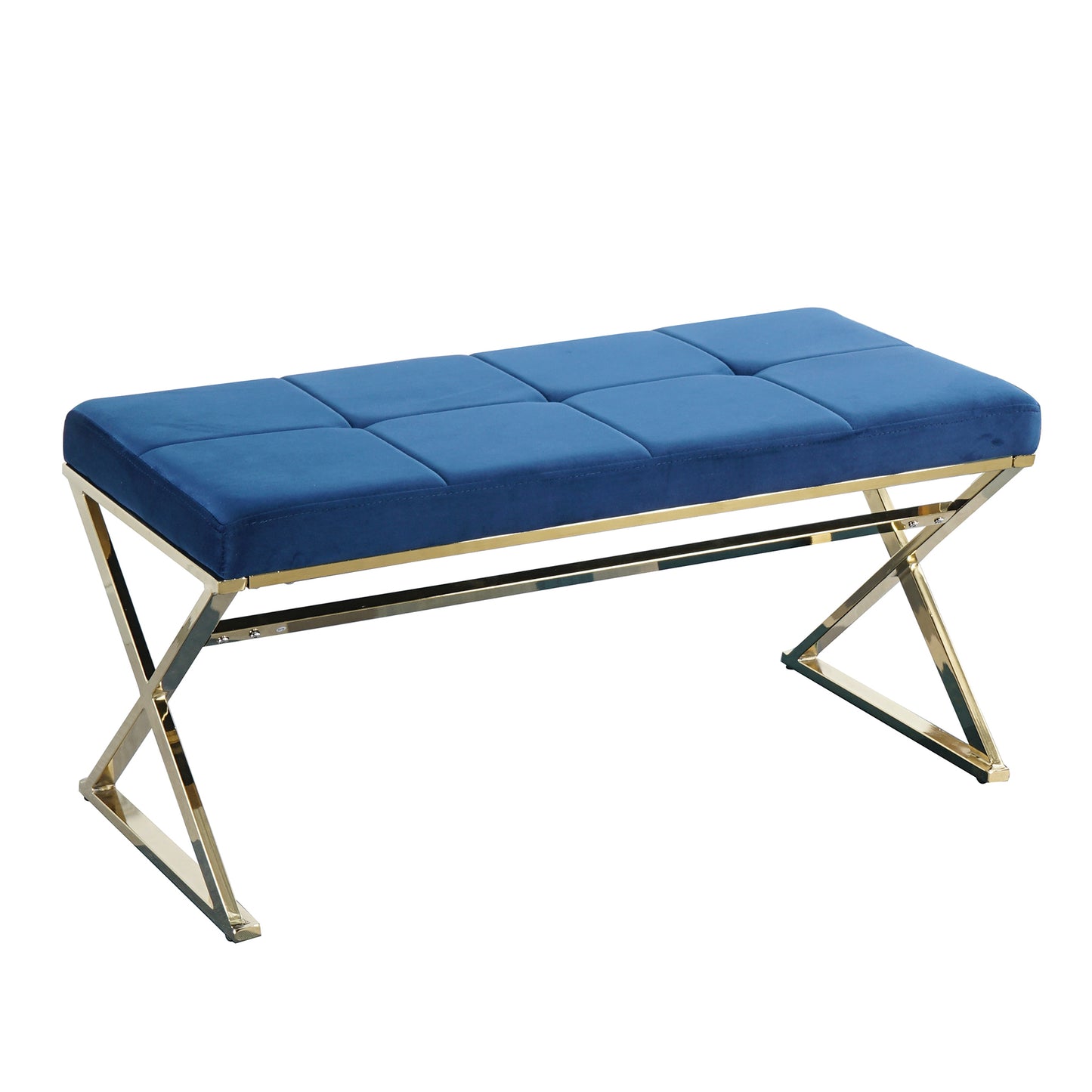 SYNGAR Upholstered Bedroom Bench, Modern Velvet Footstool Bench Seat for Living Room, Hallway, Entryway, Ottoman Bench with Gold Metal Legs, Blue