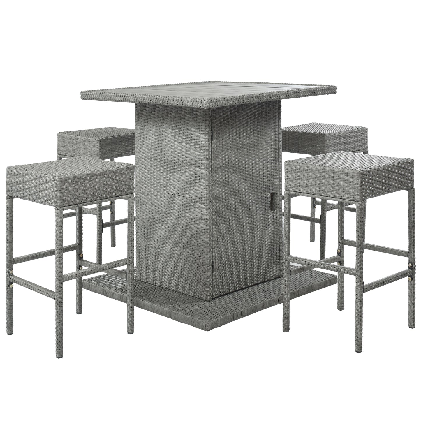 SYNGAR 5 Piece Outdoor Wicker Bar Table Set, Patio All Weather PE Rattan Dining Table Set with 4 Cushioned Stools, Bar Height Pub Table of Storage & Stools Set for 4, for Yard, Balcony, Garden, Y017