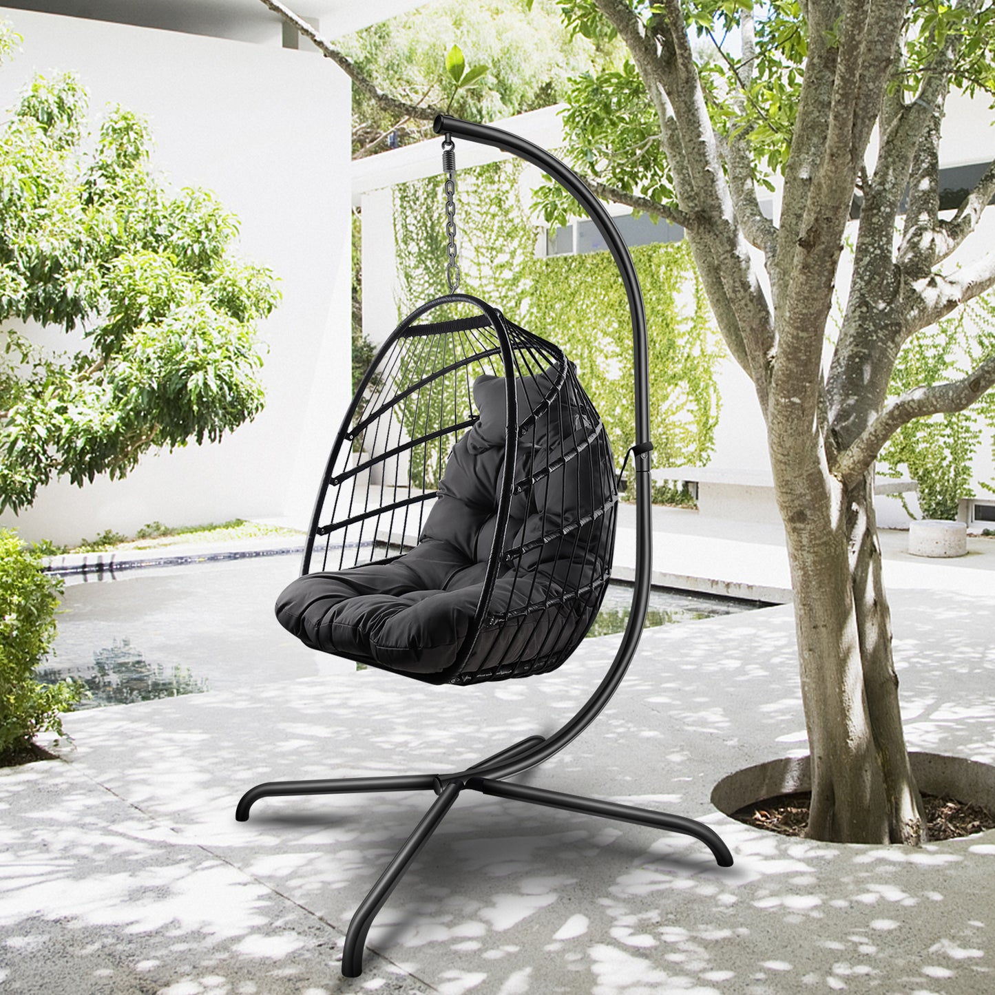 SYNGAR Egg Chair with Stand, Wicker Swing Chair, Patio Hammock Chair with Soft Cushion, Indoor Outdoor Balcony Bedroom Basket Hanging Lounge Chair, Heavy Duty Frame for 350 lbs Capacity, C27
