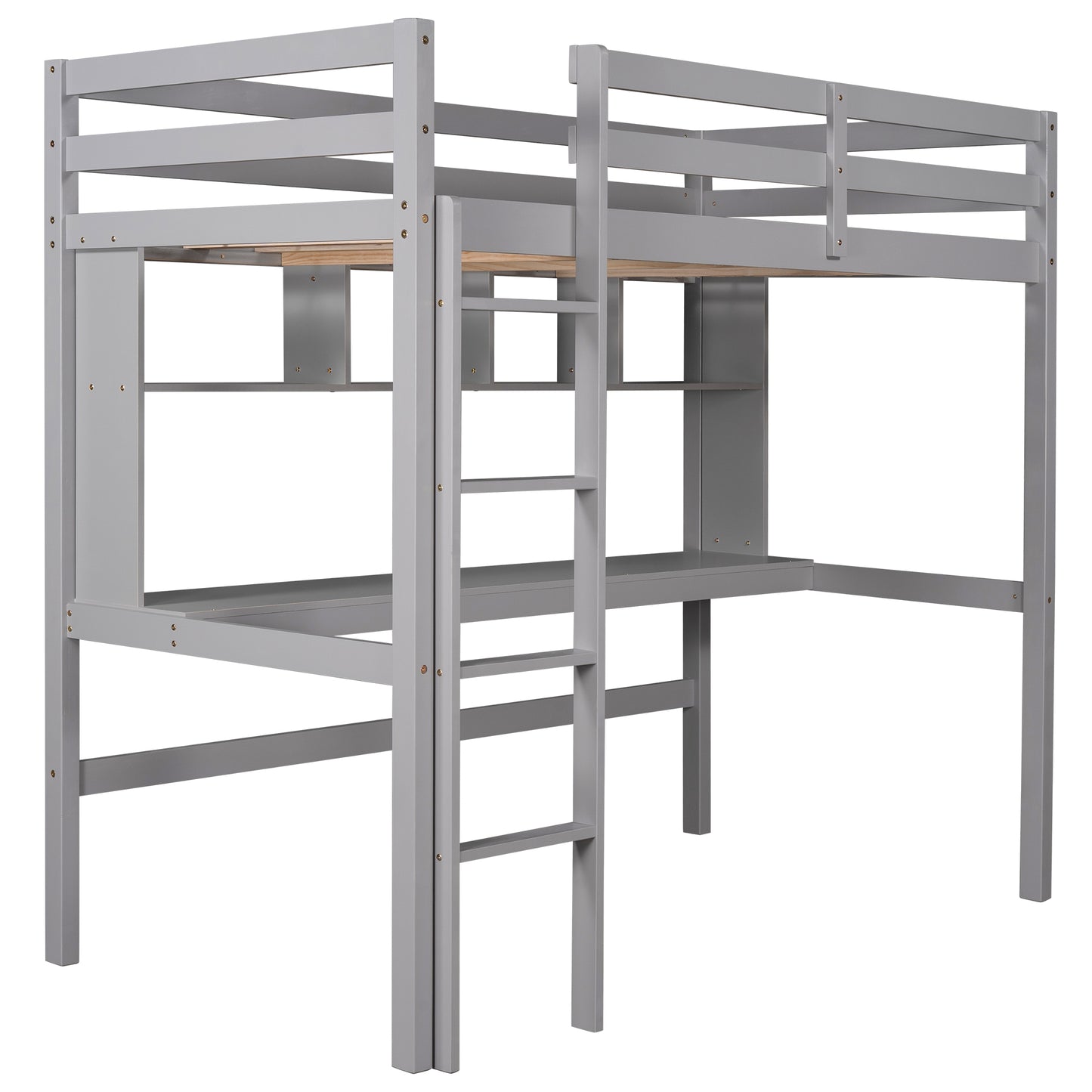 Loft Bed with Desk for Kids, Solid Pine Wood Twin Loft Bunk Bed Frame with Ladder and Built-in Desk for Boys Girls Teens Adults, No Box Spring Needed, Gray, LJ648