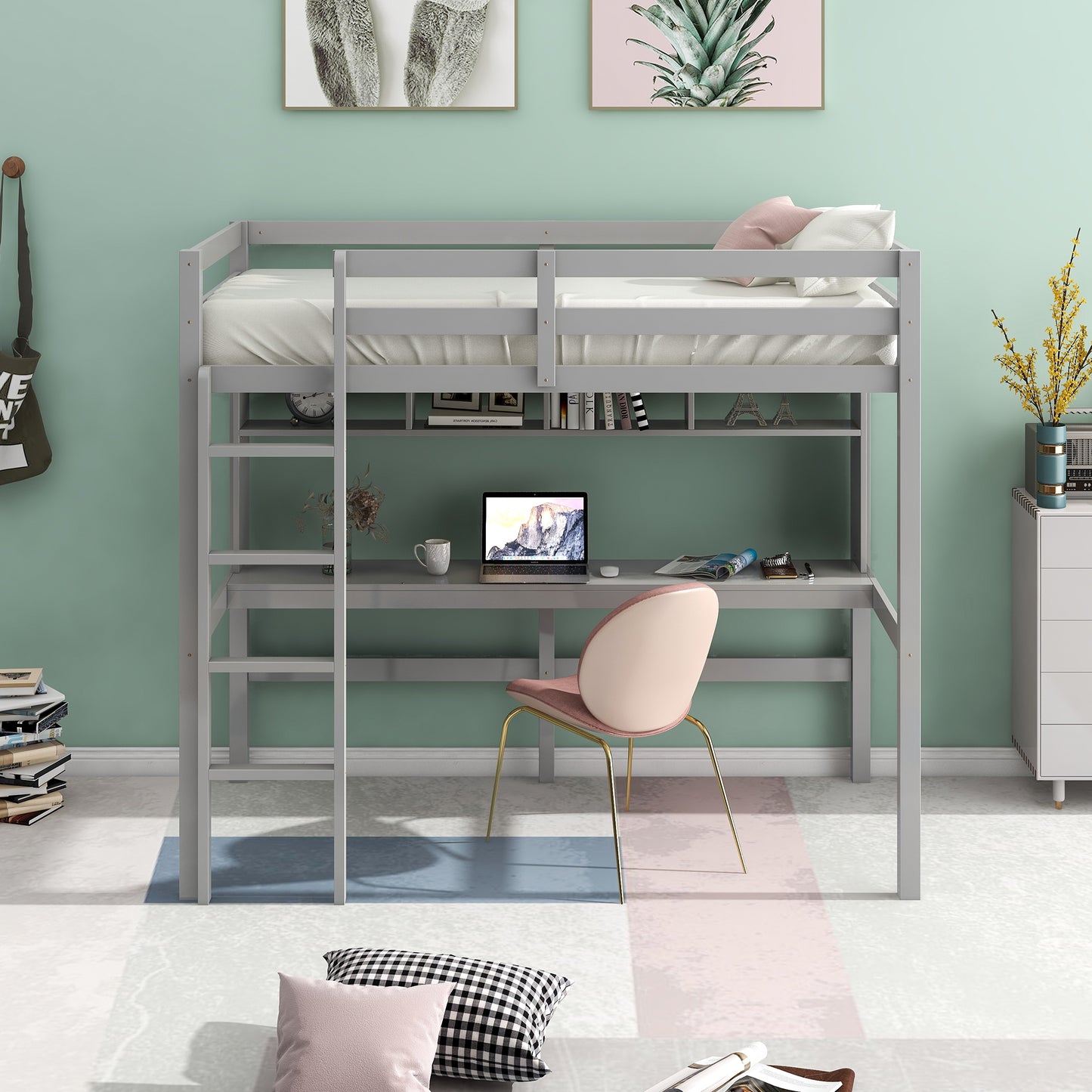 Loft Bed with Desk for Kids, Solid Pine Wood Twin Loft Bunk Bed Frame with Ladder and Built-in Desk for Boys Girls Teens Adults, No Box Spring Needed, Gray, LJ648