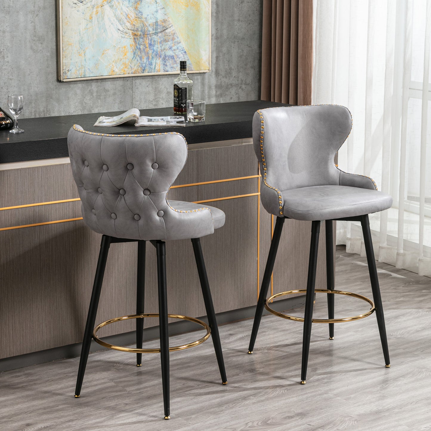 SYNGAR Modern Bar Chairs Set of 2, Contemporary Fabric Faux Leather Bar Stools Tool, Counter Stools with Tufted Nailheads and Wood Legs, High End Style Bar Chairs, khaki