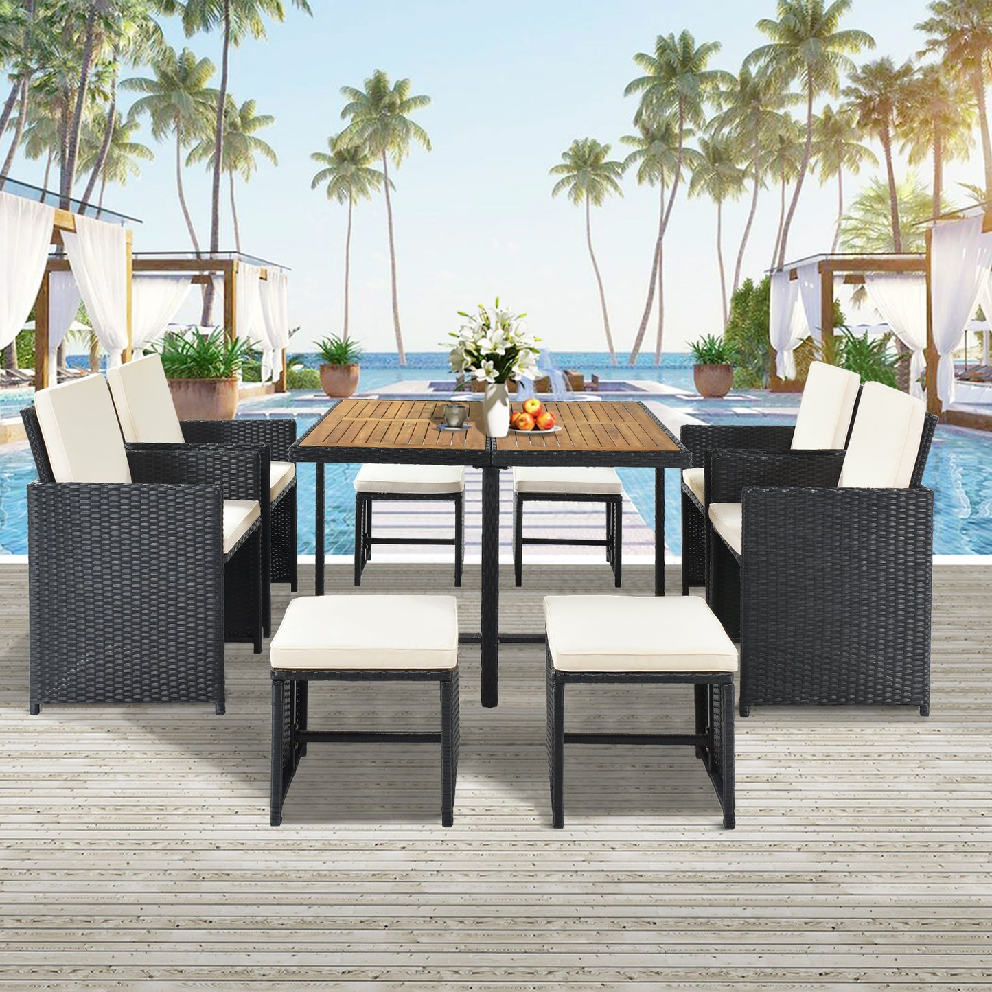 Patio Dining Sets 9 Pieces, Outdoor Table and Chairs with Tempered Glass Coffee Table and Ottoman, Wicker Patio Dining Sets for Backyard Deck Poolside Garden, LJ3954