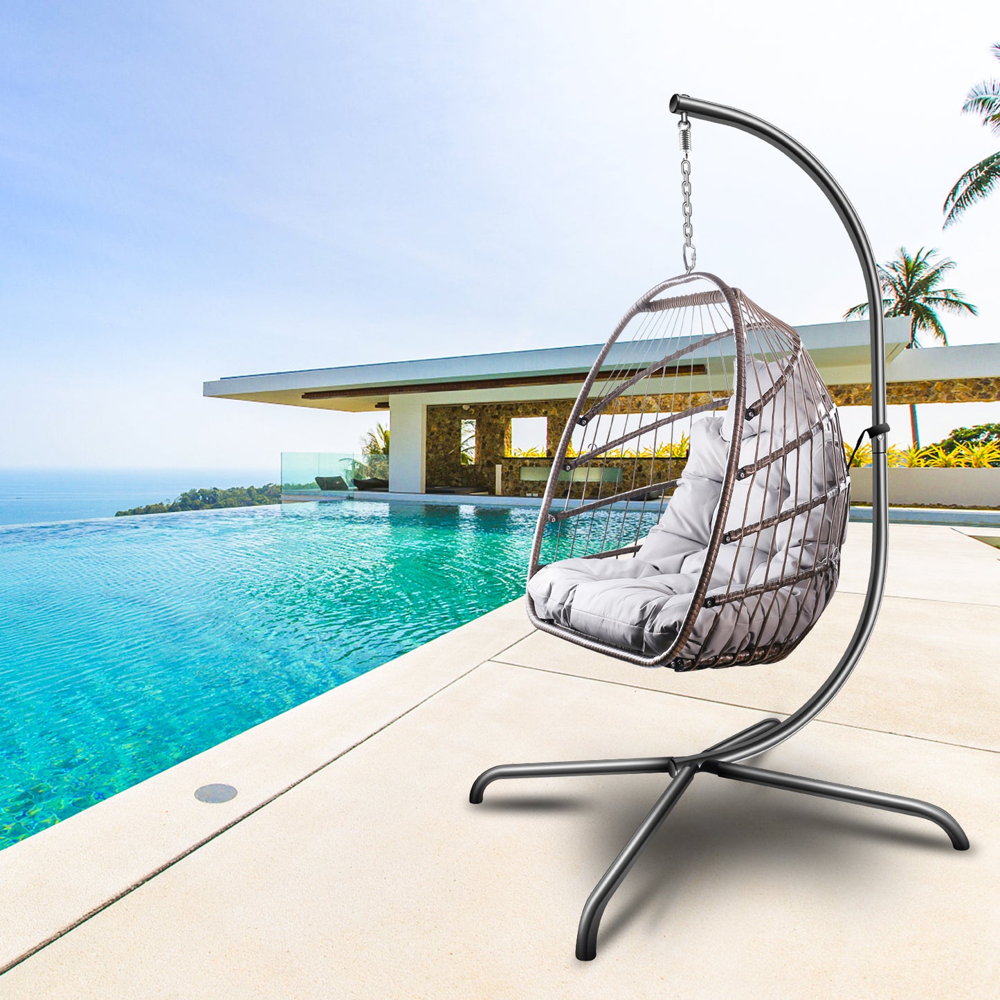 SYNGAR Egg Chair with Stand, Wicker Swing Chair, Patio Hammock Chair with Soft Cushion, Indoor Outdoor Balcony Bedroom Basket Hanging Lounge Chair, Heavy Duty Frame for 350 lbs Capacity, C27