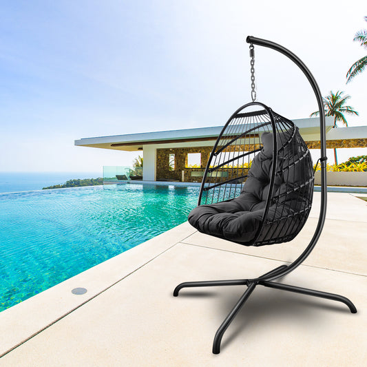 SYNGAR Egg Chair with Stand, Wicker Swing Chair, Patio Hammock Chair with Soft Cushion, Indoor Outdoor Balcony Bedroom Basket Hanging Lounge Chair, Heavy Duty Frame for 350 lbs Capacity, C27