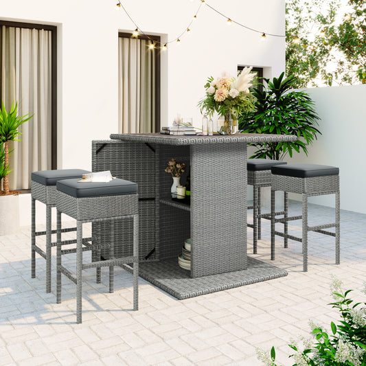 SYNGAR 5 Piece Outdoor Wicker Bar Table Set, Patio All Weather PE Rattan Dining Table Set with 4 Cushioned Stools, Bar Height Pub Table of Storage & Stools Set for 4, for Yard, Balcony, Garden, Y017