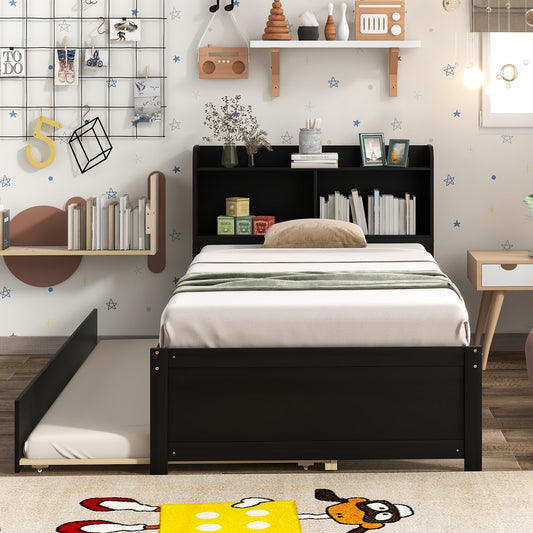 Twin Bed Frame with Trundle Included, Solid Pine Wood Platform Bed Frame with Storage Headboard for Kids Teens Adults, Espresso