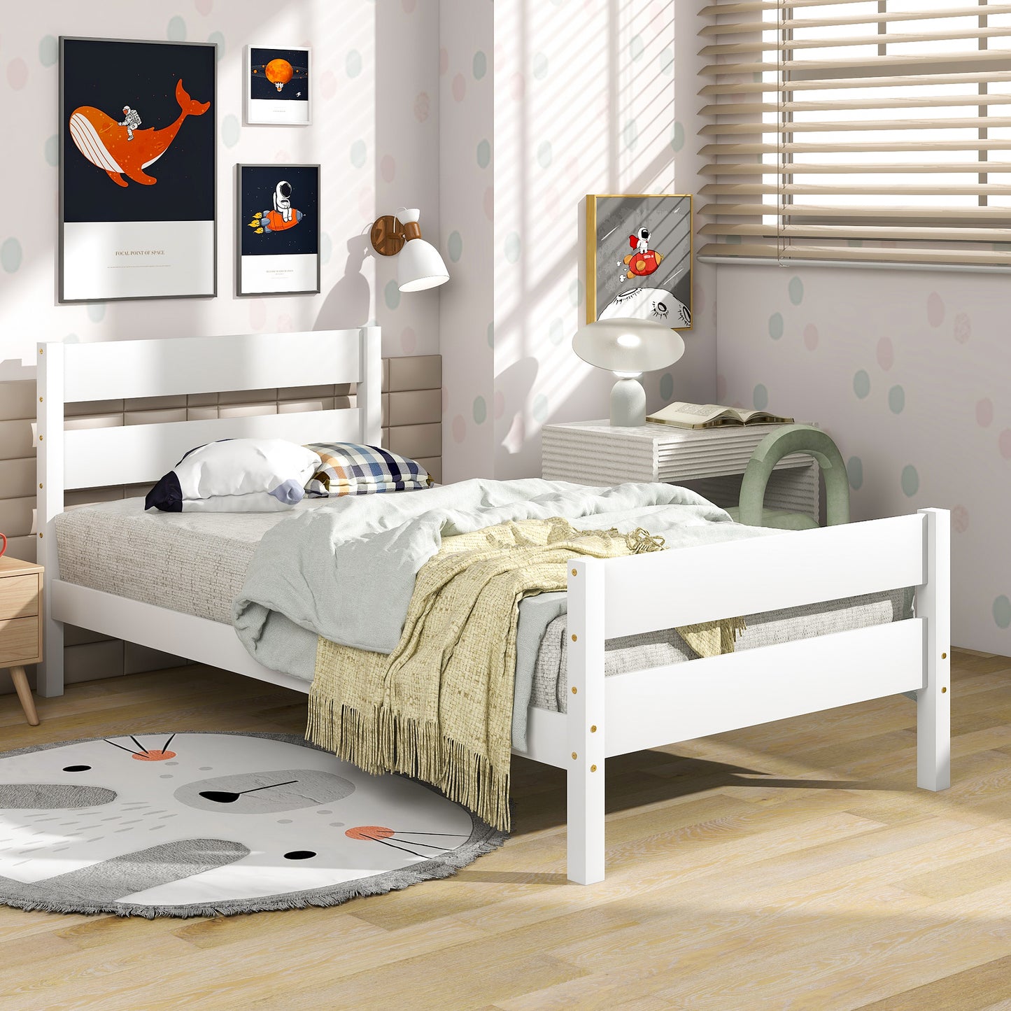 Wood Twin Platform Bed Frame with Headboard and Footboard for Kids Boys Girls Teens Adults, White, LJ798