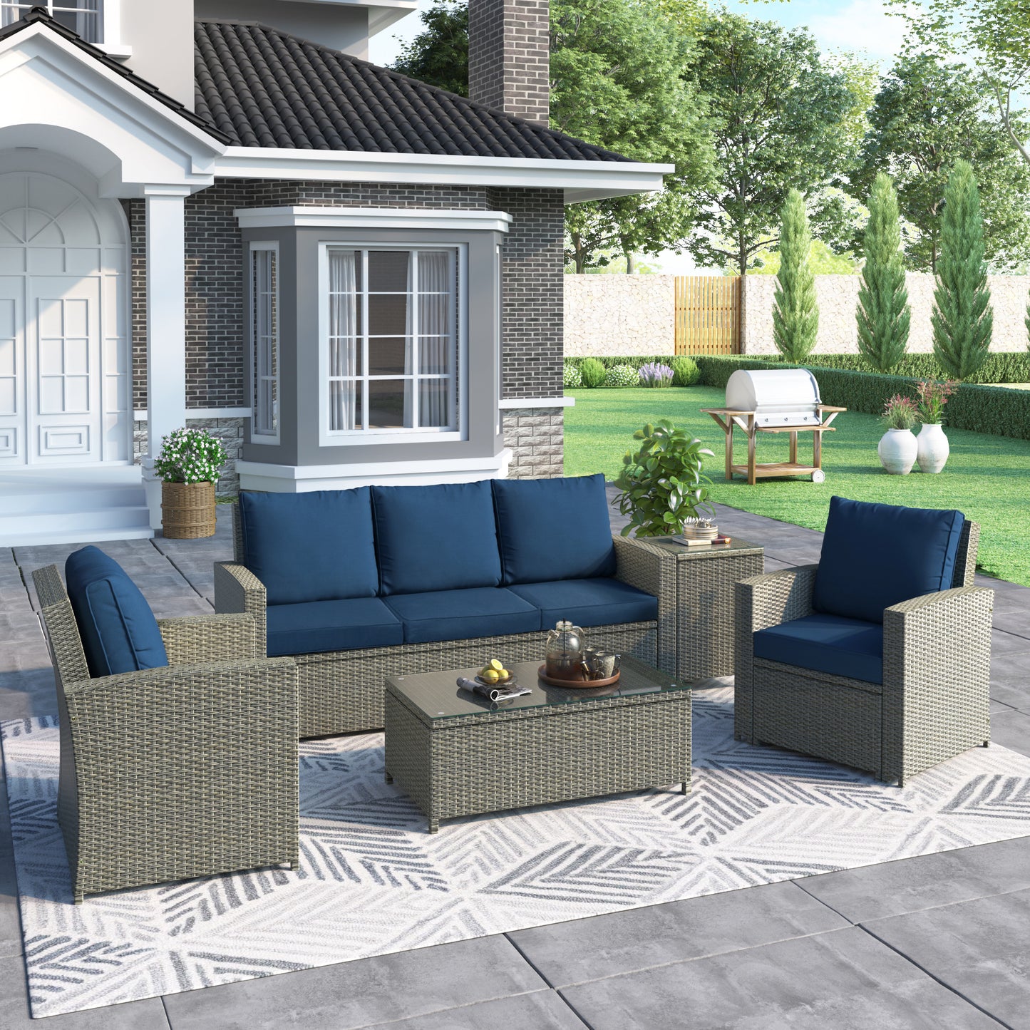 SYNGAR Outdoor Furniture Set, 5 Pieces Patio PE Rattan Wicker Furniture Sofa Set Outdoor Indoor Furniture Set for Backyard Lawn Garden Deck, Blue