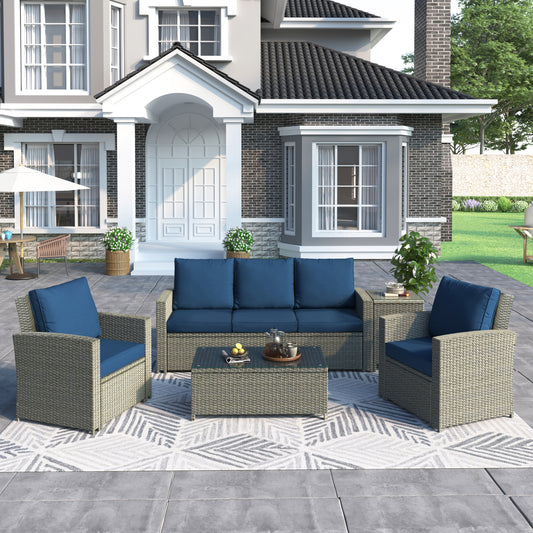 SYNGAR Outdoor Furniture Set, 5 Pieces Patio PE Rattan Wicker Furniture Sofa Set Outdoor Indoor Furniture Set for Backyard Lawn Garden Deck, Blue