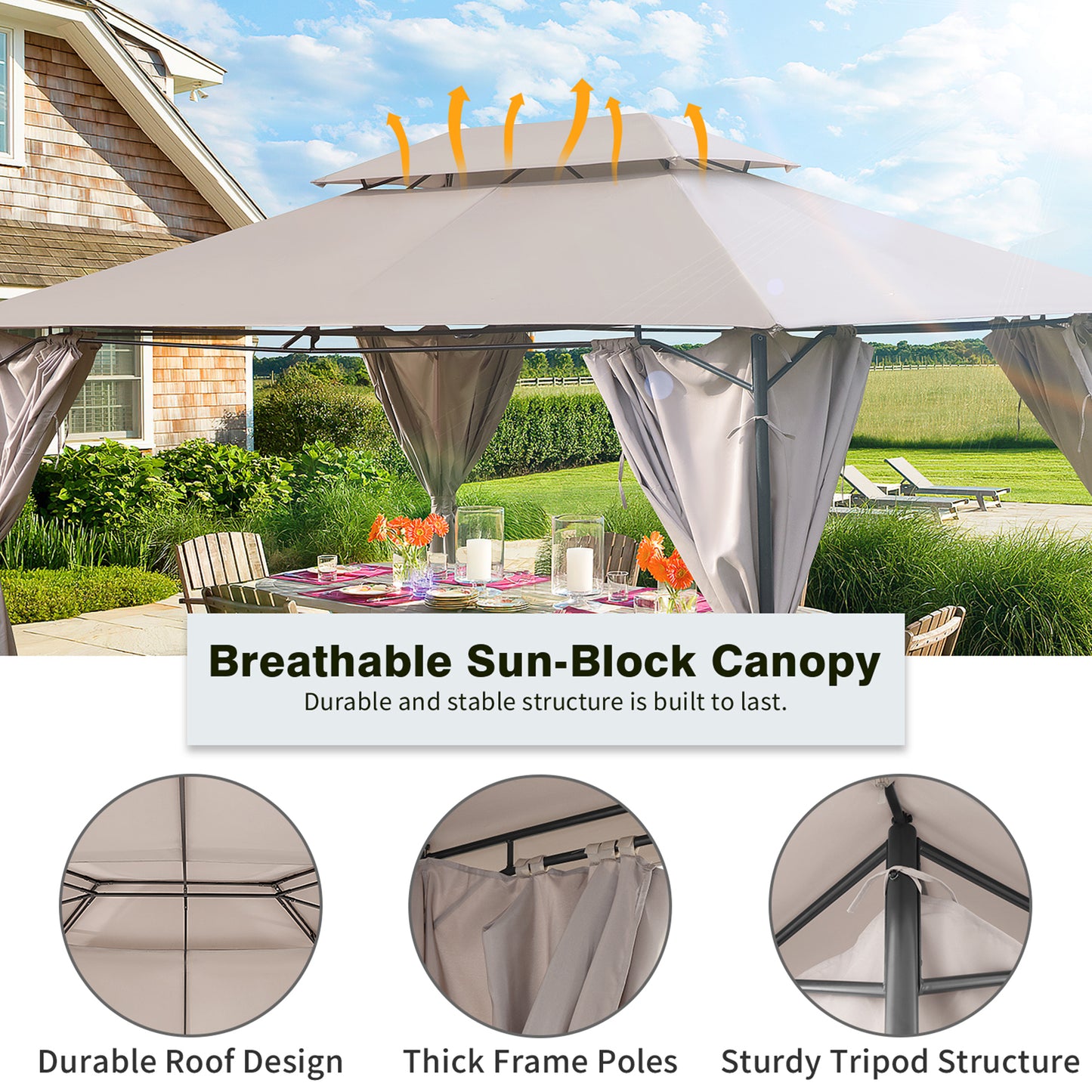 10' x 13' Gazebo for Patios, Double Roof Gazebo with Mosquito Netting for Shade and Rain, Outdoor Canopy Tent for Backyard, Garden, Lawn, Deck, Khaki, Y022
