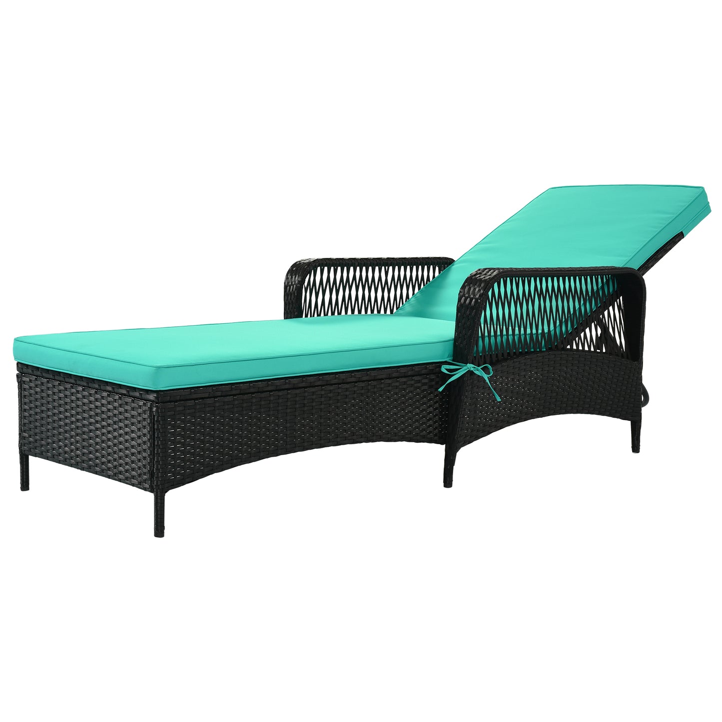 Outdoor PE Rattan Wicker Chaise Lounge, Patio Rattan Reclining Chair Furniture, Beach Pool Adjustable Backrest Recliners with Green Cushions