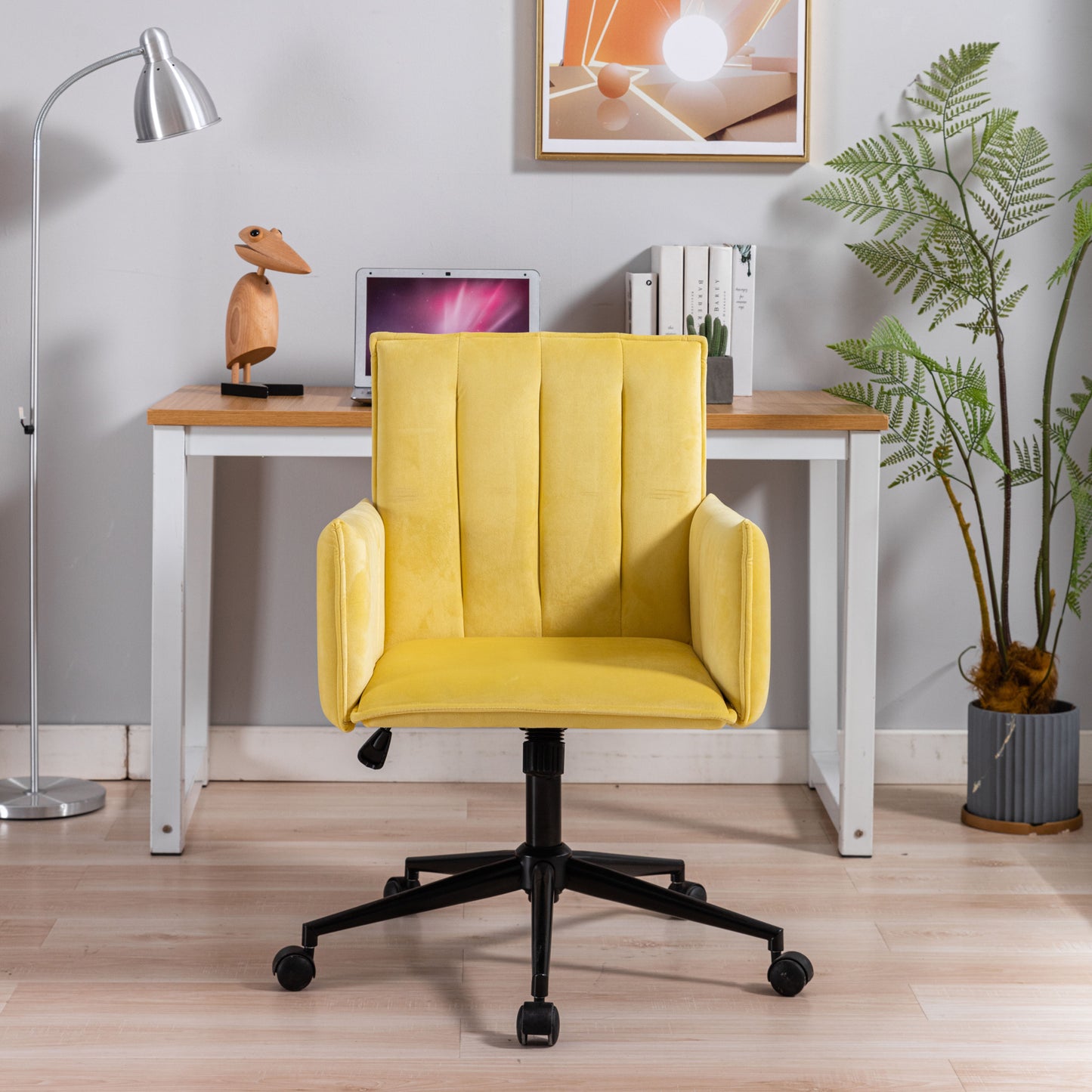 Modern Velvet Accent Chair, SYNGAR Comfy Upholstered Vanity Chair with 360 Degree Swivel, Height Adjustable Office Desk Chair, Task Chair with Soft Arm and Back for Home, Office, Yellow, Y030