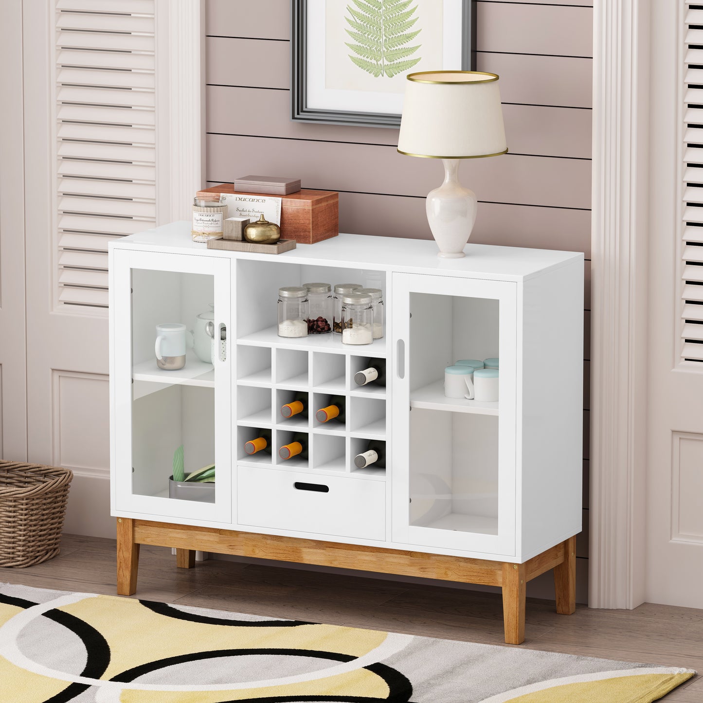 SYNGAR White Buffet Cabinet, Wood Sideboard Storage Cabinet with drawers and wine shelf for Living Room Dining Room Kitchen