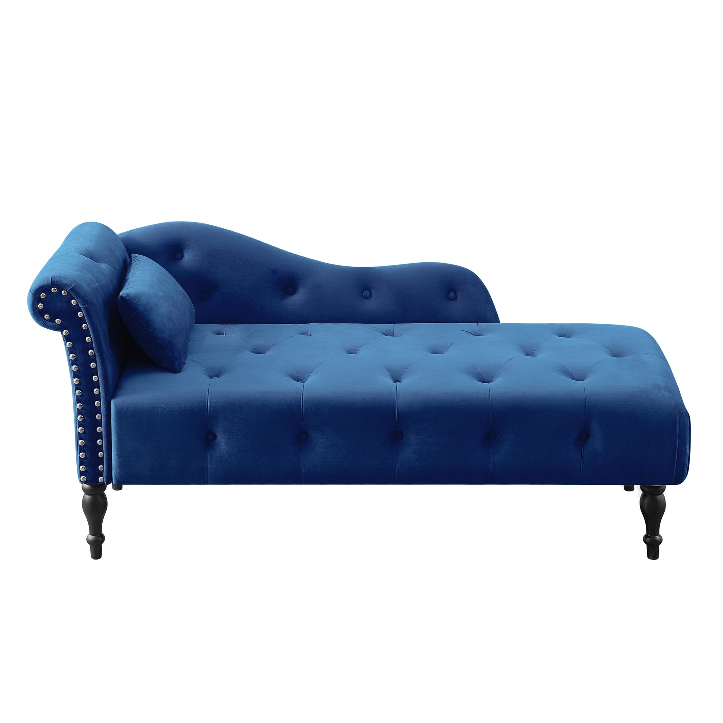 SYNGAR Tufted Upholstered Velvet Rolled Arm Chaise Lounges Indoor Chair, Right Arm Facing Chaise Lounge with Pillow, Nailhead Trim and Solid Wood Legs for Living Room Bedroom Office, Blue