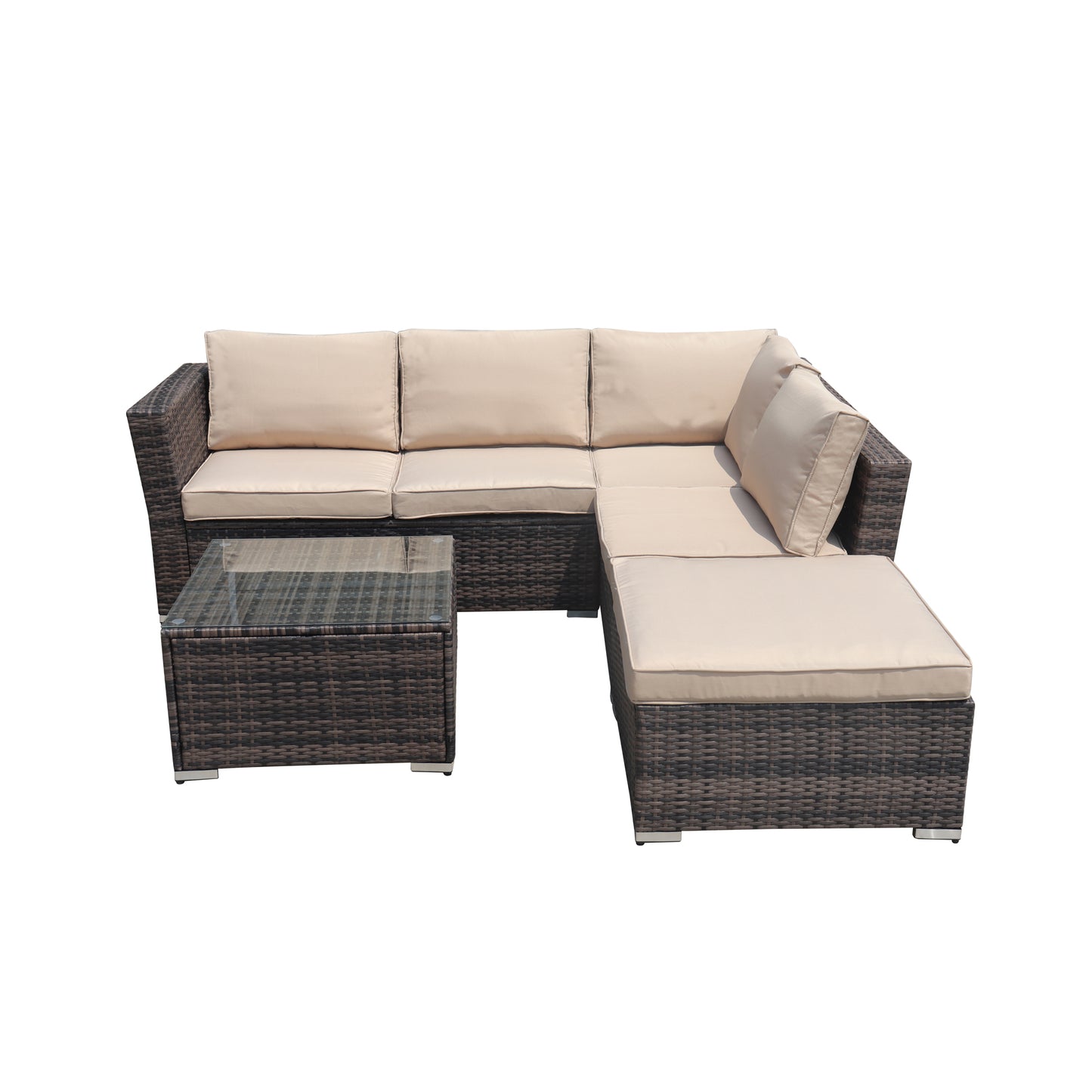 SYNGAR 4 Piece Outdoor Patio Furniture Set, PE Wicker Conversation Set, All Weather Rattan Sofa Set with Tempered Glass Table and Cushion, Sectional Sofa Set for Backyard Garden Poolside