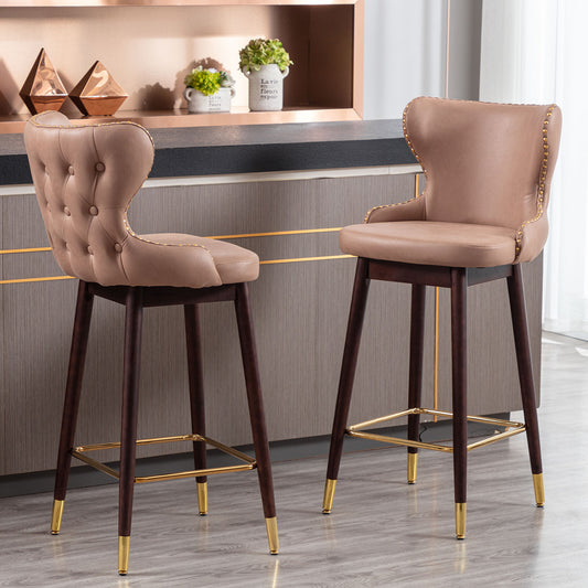 SYNGAR Modern Bar Chairs Set of 2, Contemporary Fabric Faux Leather Bar Stools Tool, Counter Stools with Tufted Nailheads and Wood Legs, High End Style Bar Chairs, khaki