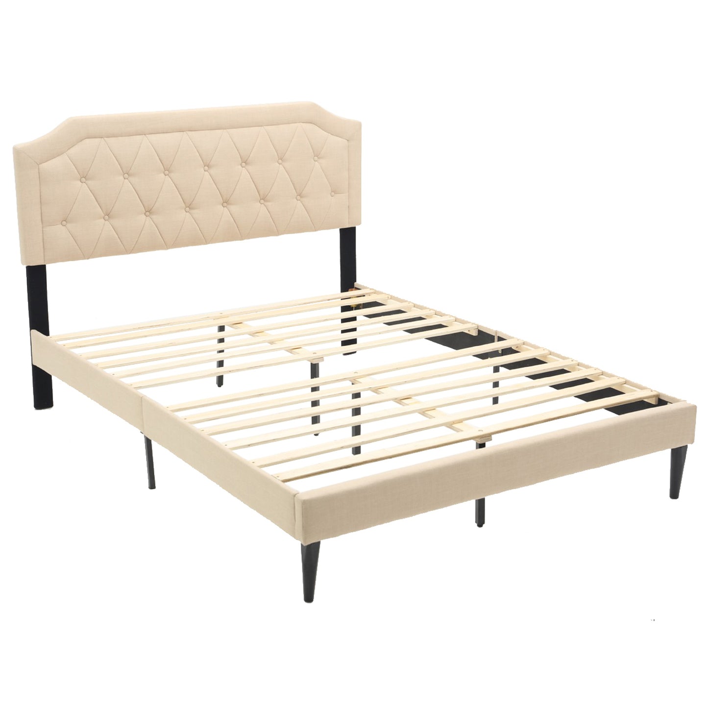 SYNGAR Queen Platform Bed Frame with Upholstered Linen Fabric Square Stitched Headboard, Metal Frame Mattress Foundation with Wooden Slat Support, Beige