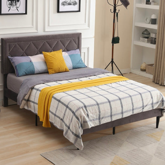 SYNGAR Queen Fabric Upholstered Bed Frame with Nailhead Trim Headboard, Platform Bed Frame Queen Size Bedroom Furniture for Teens Adults, No Box Spring Needed, Gray