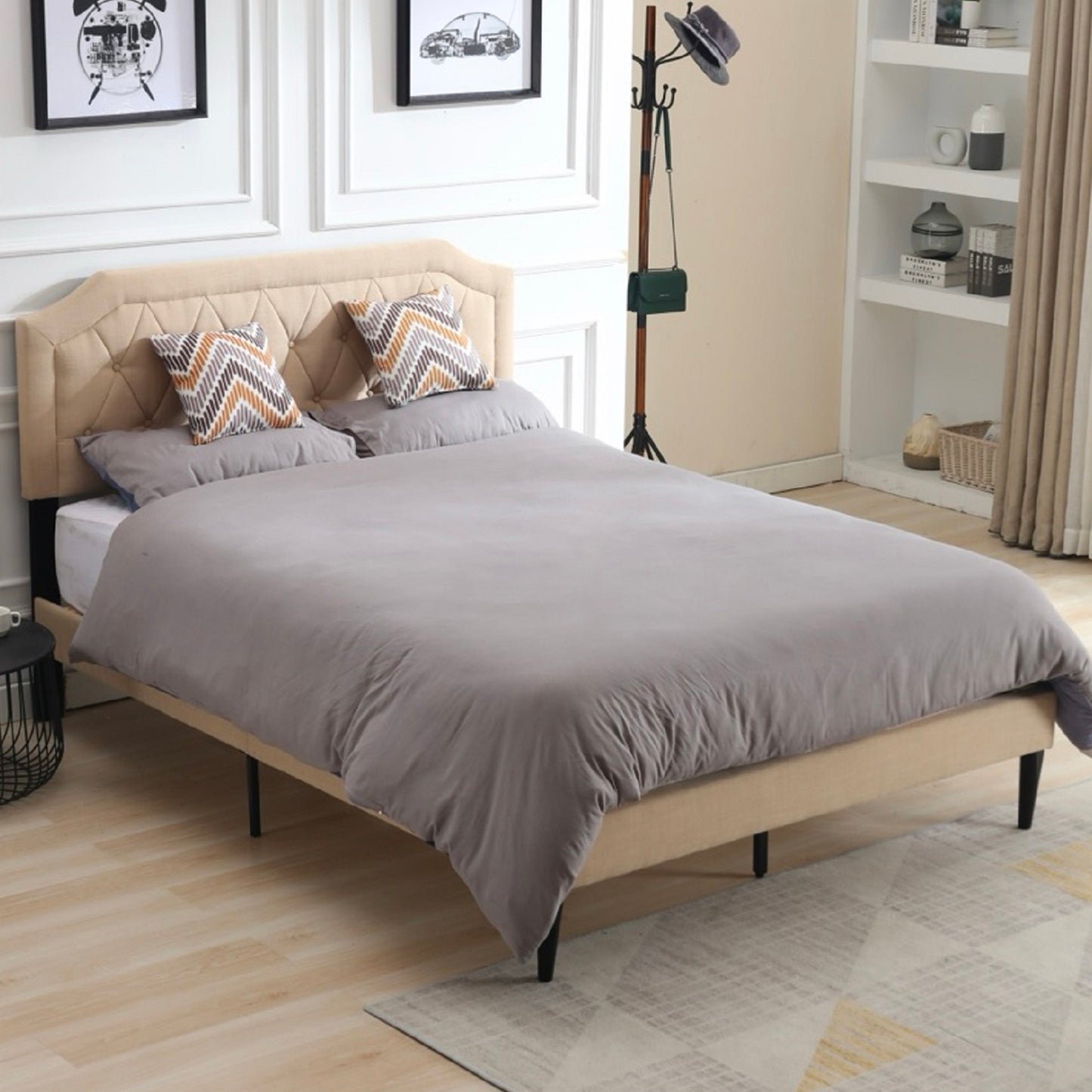 SYNGAR Queen Size Platform Bed Frame with Linen Fabric Upholstered Headboard, Button Tufted, Sturdy Frame and Strong Wooden Slats, No Box Spring Needed, Beige