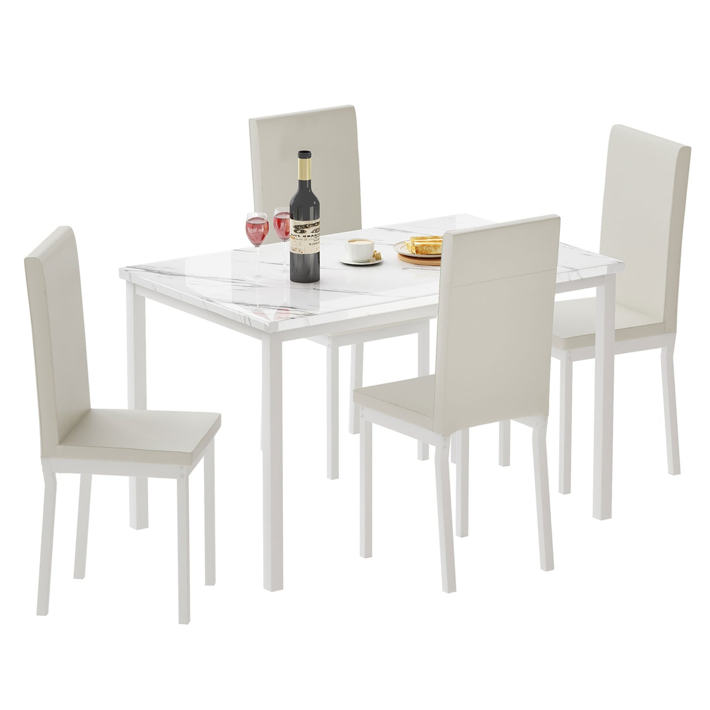 Modern Dining Table Set for 4, Faux Marble Table and PU Leather Upholstered Chairs Set, 5 Piece Kitchen Dining Set, Dining Table and Chairs Set for Small Space, Breakfast Nook, Brown, D7153