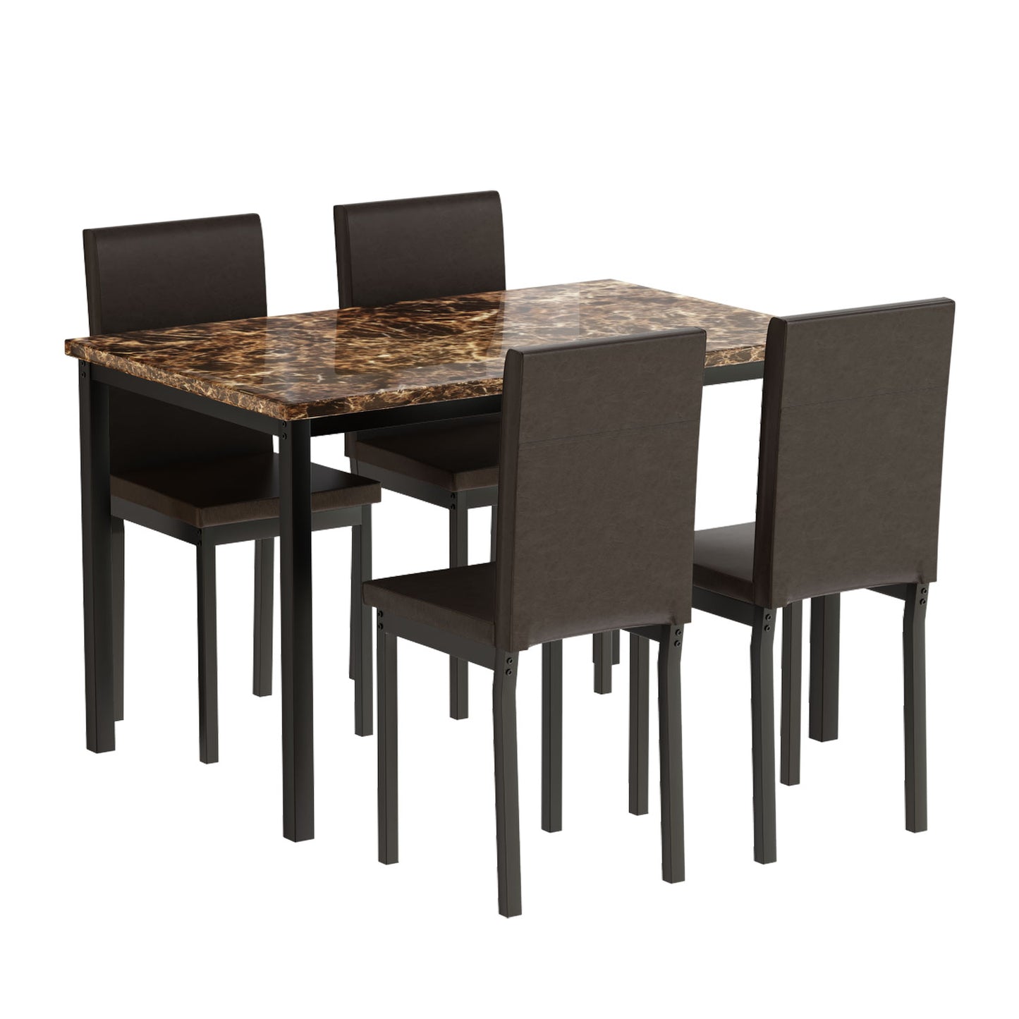 Modern Dining Table Set for 4, Faux Marble Table and PU Leather Upholstered Chairs Set, 5 Piece Kitchen Dining Set, Dining Table and Chairs Set for Small Space, Breakfast Nook, Brown, D7153