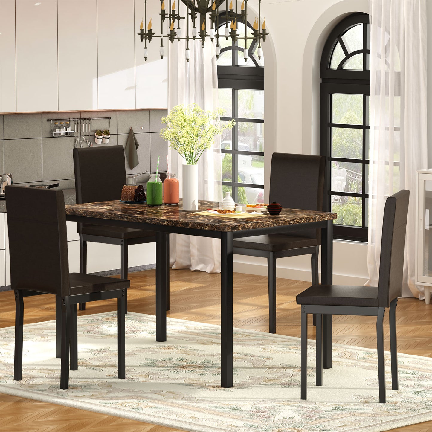 5 Piece Dining Set, Modern Dining Table and Chairs Set for 4, Kitchen Dining Table Set with Faux Marble Tabletop and 4 PU Leather Upholstered Chairs, for Small Space, Breakfast Nook, Black, Y006