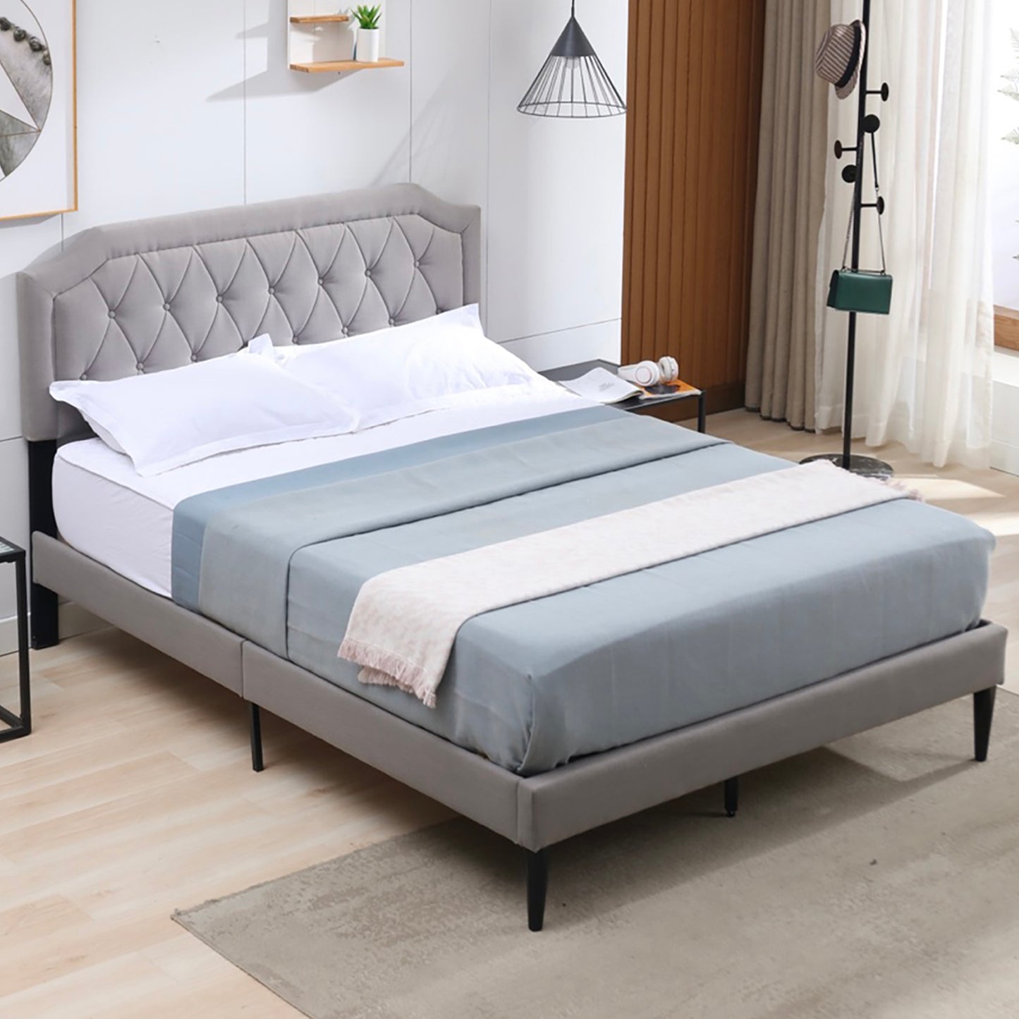 SYNGAR Full Size Platform Bed Frame with Linen Fabric Upholstered Button Tufted Headboard, Sturdy Sturdy Frame and Strong Wooden Slats, No Box Spring Needed, Gray