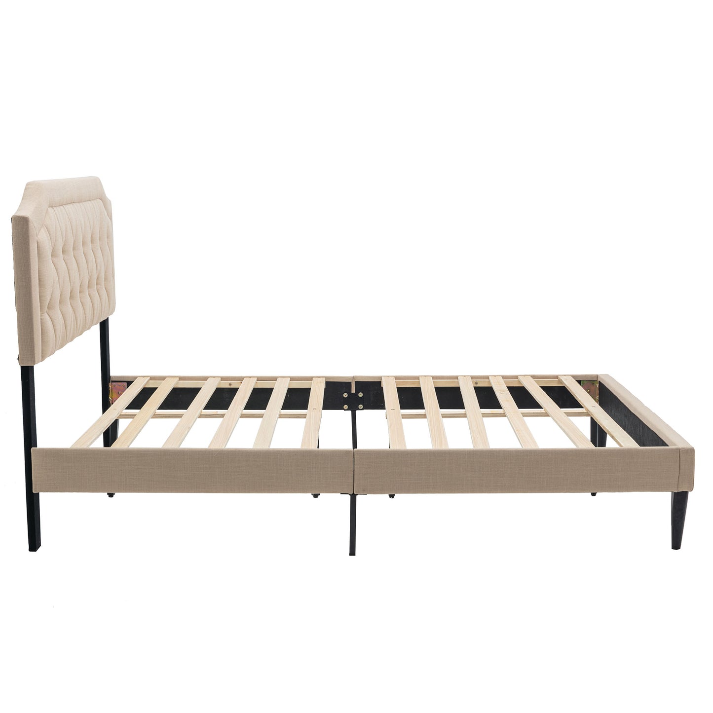 SYNGAR Queen Size Platform Bed Frame with Linen Fabric Upholstered Headboard, Button Tufted, Sturdy Frame and Strong Wooden Slats, No Box Spring Needed, Beige