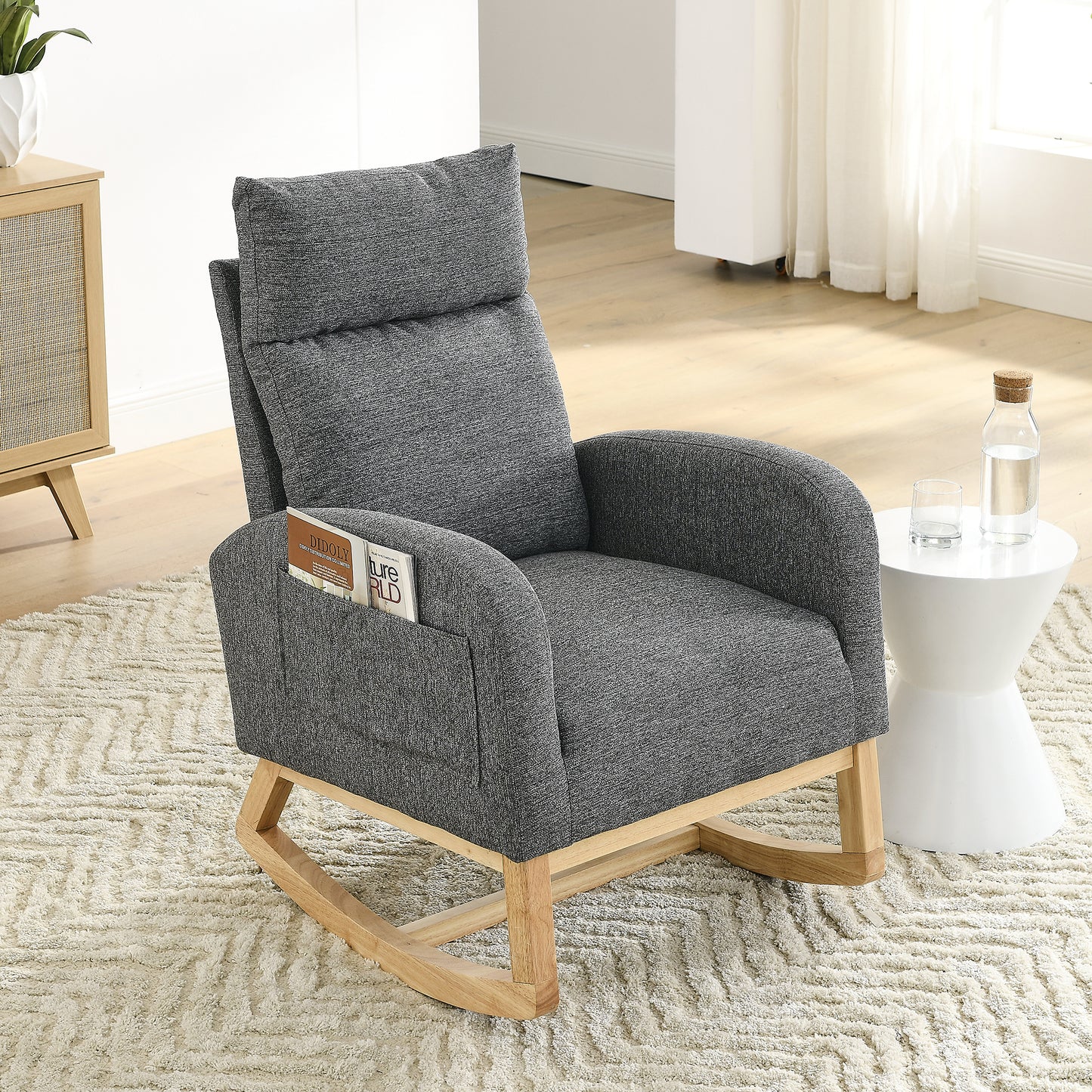 SYNGAR Rocking Chair, Upholstered Fabric Nursery Chair, Nursery Glider with High Back and 2 Side Pockets, Rocking Chairs with Wood Curved Base, Glider Chair for Nursery, Living Room, Home Office