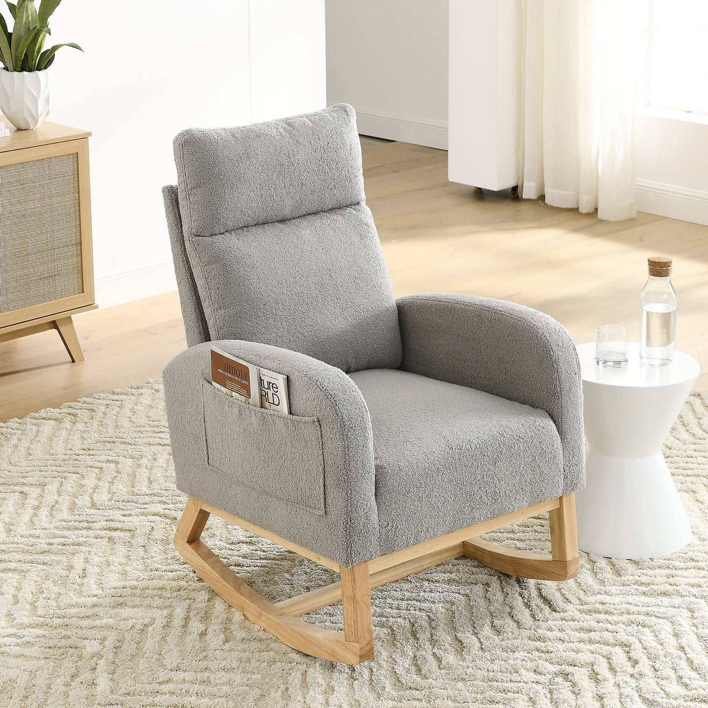 SYNGAR Rocking Chair, Upholstered Fabric Nursery Chair, Nursery Glider with High Back and 2 Side Pockets, Rocking Chairs with Wood Curved Base, Glider Chair for Nursery, Living Room, Home Office