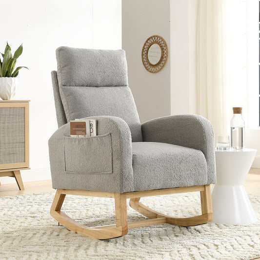 SYNGAR Rocking Chair, Upholstered Fabric Nursery Chair, Nursery Glider with High Back and 2 Side Pockets, Rocking Chairs with Wood Curved Base, Glider Chair for Nursery, Living Room, Home Office