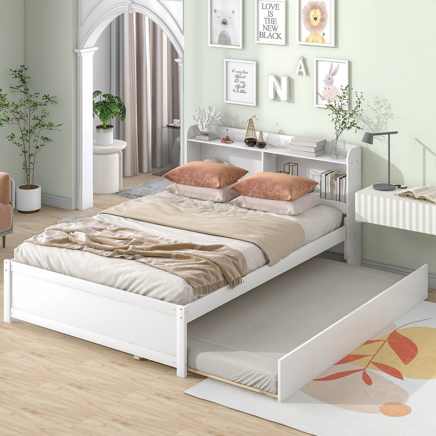 SYNGAR Twin Bed Frame with Trundle and Storage Bookcase, Modern Kids Platform Bed Frame with Pull Out Trundle, Solid Wood Trundle Bed with Headboard and Footboard, No Box Spring Needed, White