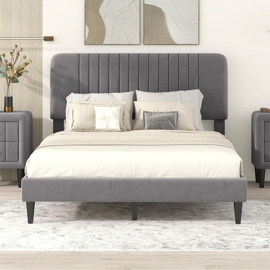 SYNGAR Full Bed Frame, New Upgrade Full Size Velvet Upholstered Platform Bed Frame with Tufted Headboard, Mattress Foundation Solid Wood Frame Platform Bed Frame, No Box Spring Needed, Grey