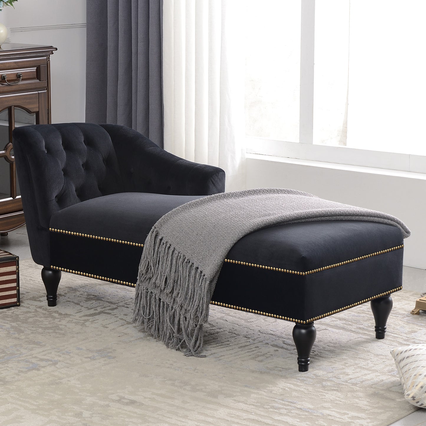 SYNGAR Modern Lounge Chaise Indoor, Leisure Sofa Accent Chair Upholstered Couch, Button Tufted Seat with Matching Accent Pillow, and Solid Wooden Legs
