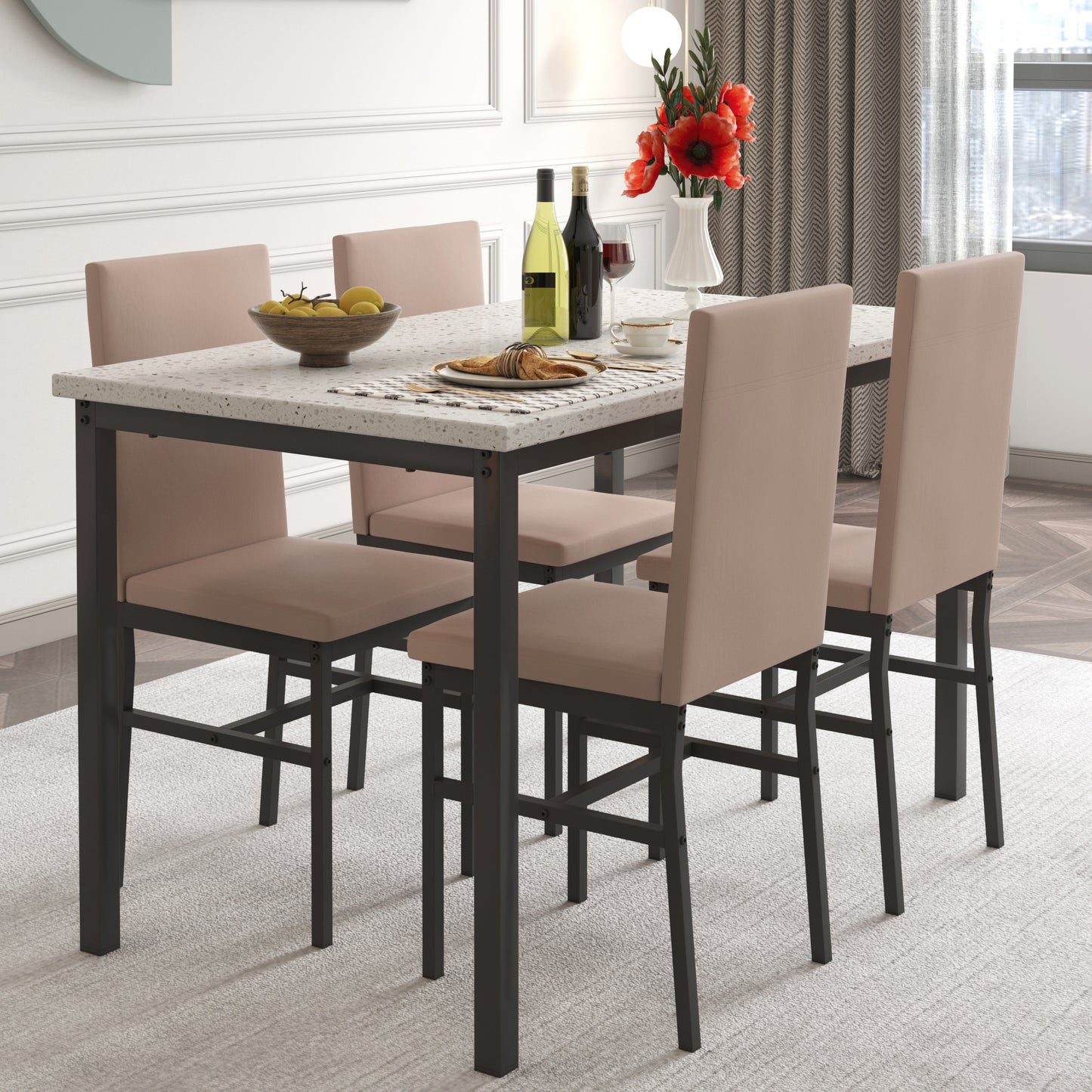 Modern Dining Table Set for 4, Faux Marble Table and PU Leather Upholstered Chairs Set, 5 Piece Kitchen Dining Set, Dining Table and Chairs Set for Small Space, Breakfast Nook, Brown, D7153