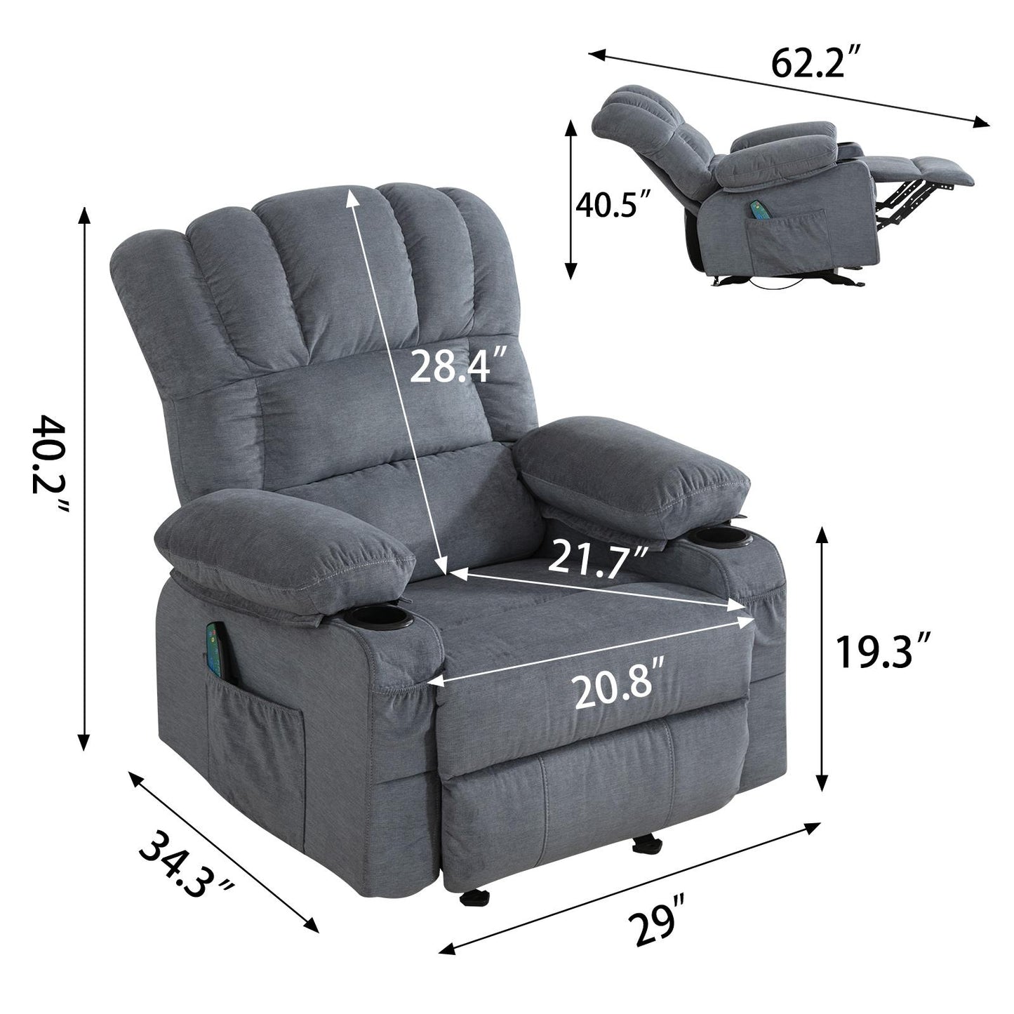 SYNGAR Manual Recliner Chair with Heat Therapy and Massage Function, Heavy Duty Reclining Mechanism Massage Chair, Elderly Single Rocker Sofa with Cup Holders for Bedroom Home Theater, Brown