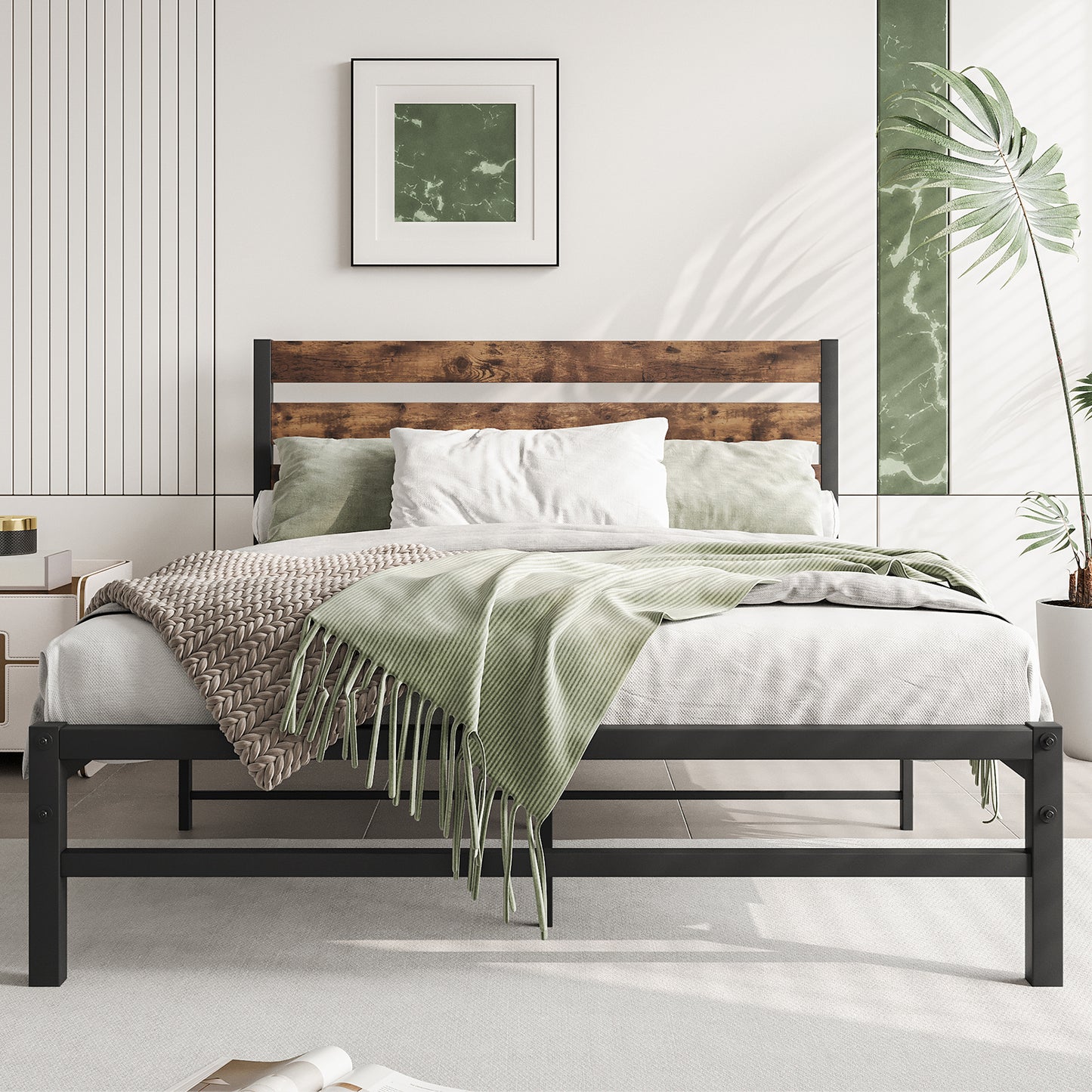 SYNGAR Black Full Size Bed Frame with Wooden Industrial Headboard and Footboard, Iron Platform Bed Frame Full Metal Bed Bedroom Furniture with 1100LBS Capacity, No Box Spring Needed, Noise Free