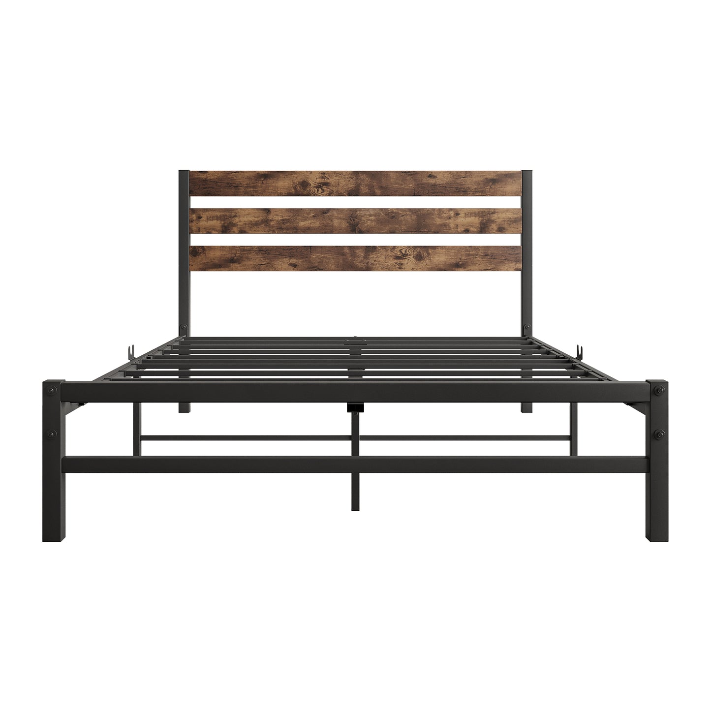 SYNGAR Full Size Bed Frame with Strong Metal Slats, Iron Platform Bed Frame with Rustic Wooden Headboard, Mattress Foundation with 400LBS Load Capacity, Noise Free, No Box Spring Needed, Black