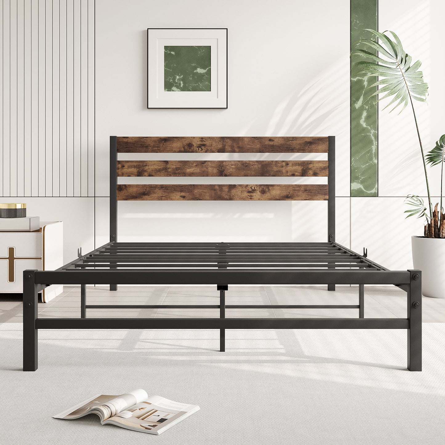 SYNGAR Platform Bed Frame Twin Size with Vintage Wooden Headboard, New Upgraded Metal Legs Support, No Box Spring Needed, Heavy Duty Steel Twin Bed Frame with 300LBS Weight Capacity, Black