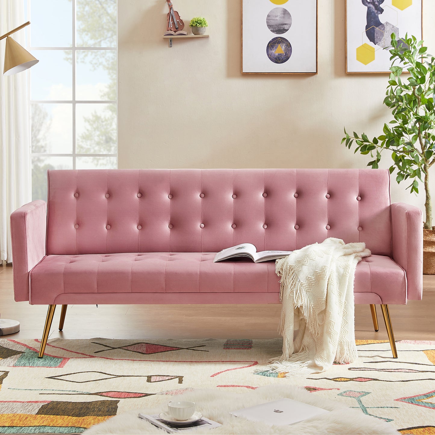 SYNGAR Couches for Living Room, Velvet Upholstered Convertible Sofa Bed with Armrests, Metal Legs, Adjustable Backrest, Mid Century Futon Sofa and Couch for Home Apartment Living Room, Pink